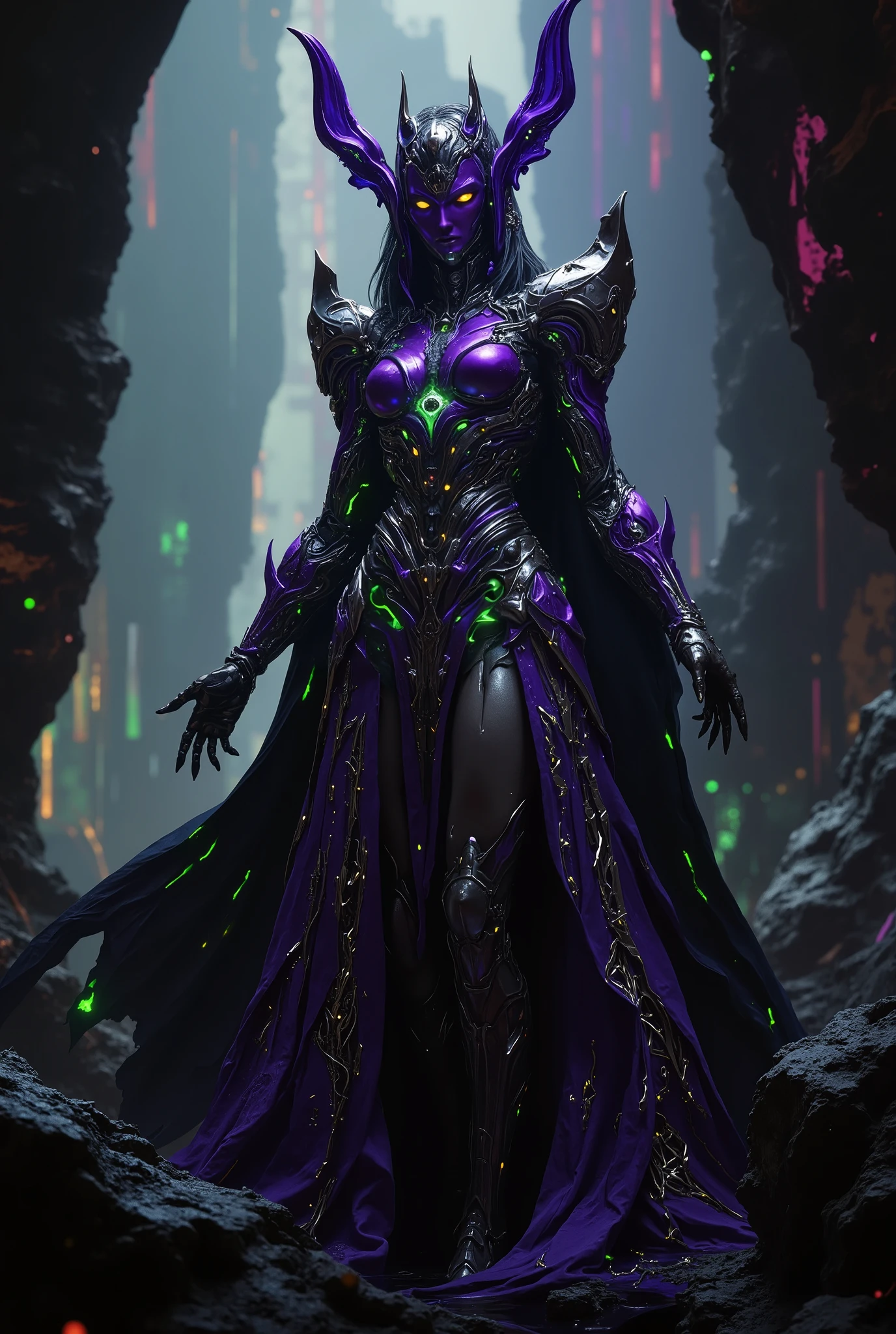 a monstrous green skinned alien witch, dark and necrotic skin, futuristic and cyberpunk accessories, (best quality,4k,8k,highres,masterpiece:1.2),ultra-detailed,(realistic,photorealistic,photo-realistic:1.37),hyper detailed, intricate details, extreme detail description, professional, vivid colors, fantasy, dark fantasy, horror, sci-fi, portrait
