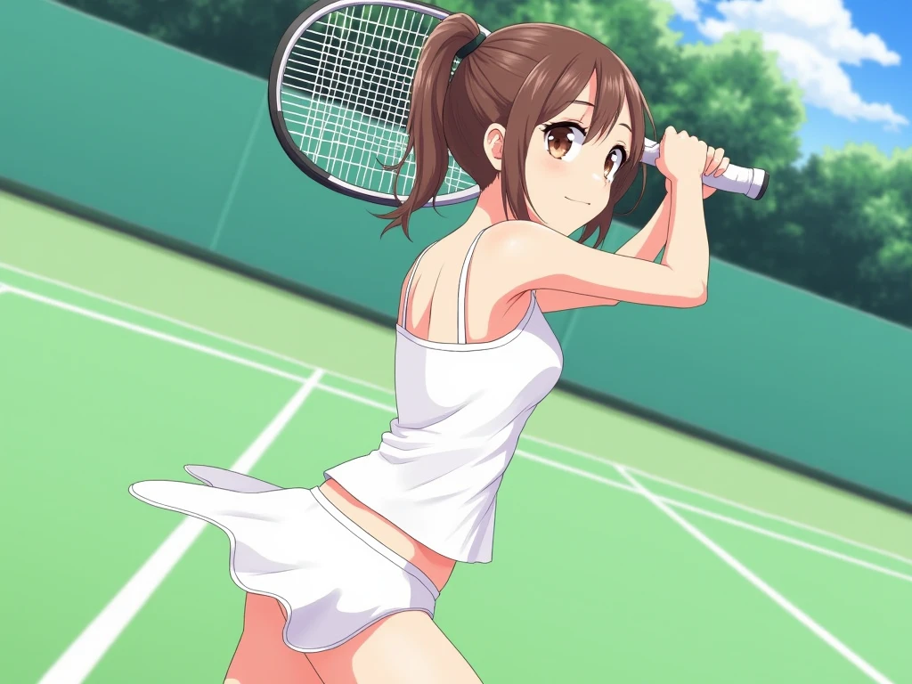 look, 1 girl, alone, tennis uniform, hair ribbon, pink wristband, mini skirt, pleated skirt, pink skirt,skirt up skit ,white panties,retro artstyle, 1990s (style), chain link fence, smile, outdoors, Are standing, 視聴者をlookいる, closed mouth