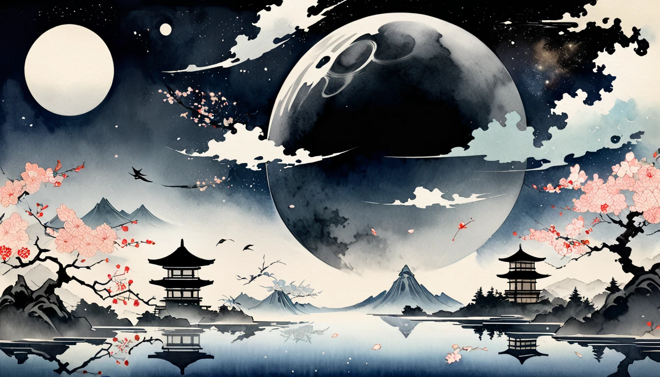 An ethereal digital artwork depicting a Japanese-inspired colony floating in space featuring elements of traditional Japanese art styles such as ink wash painting (sumi-e) watercolor and ukiyo-e, Colonies are formed by irregularly overlapping traditional Japanese parts and float in outer space, The background showcases a serene cosmic landscape with a black hole rendered in the delicate and fluid strokes of sumi-e, The scene is adorned with cherry blossom petals drifting through space adding a touch of elegance and tranquility, The color palette includes soft watercolors capturing the essence of nature with intricate details reminiscent of ukiyo-e prints, The overall composition evokes a sense of mysticism and harmony reflecting an AI-driven ever-expanding machine colony in a beautifully imaginative universe