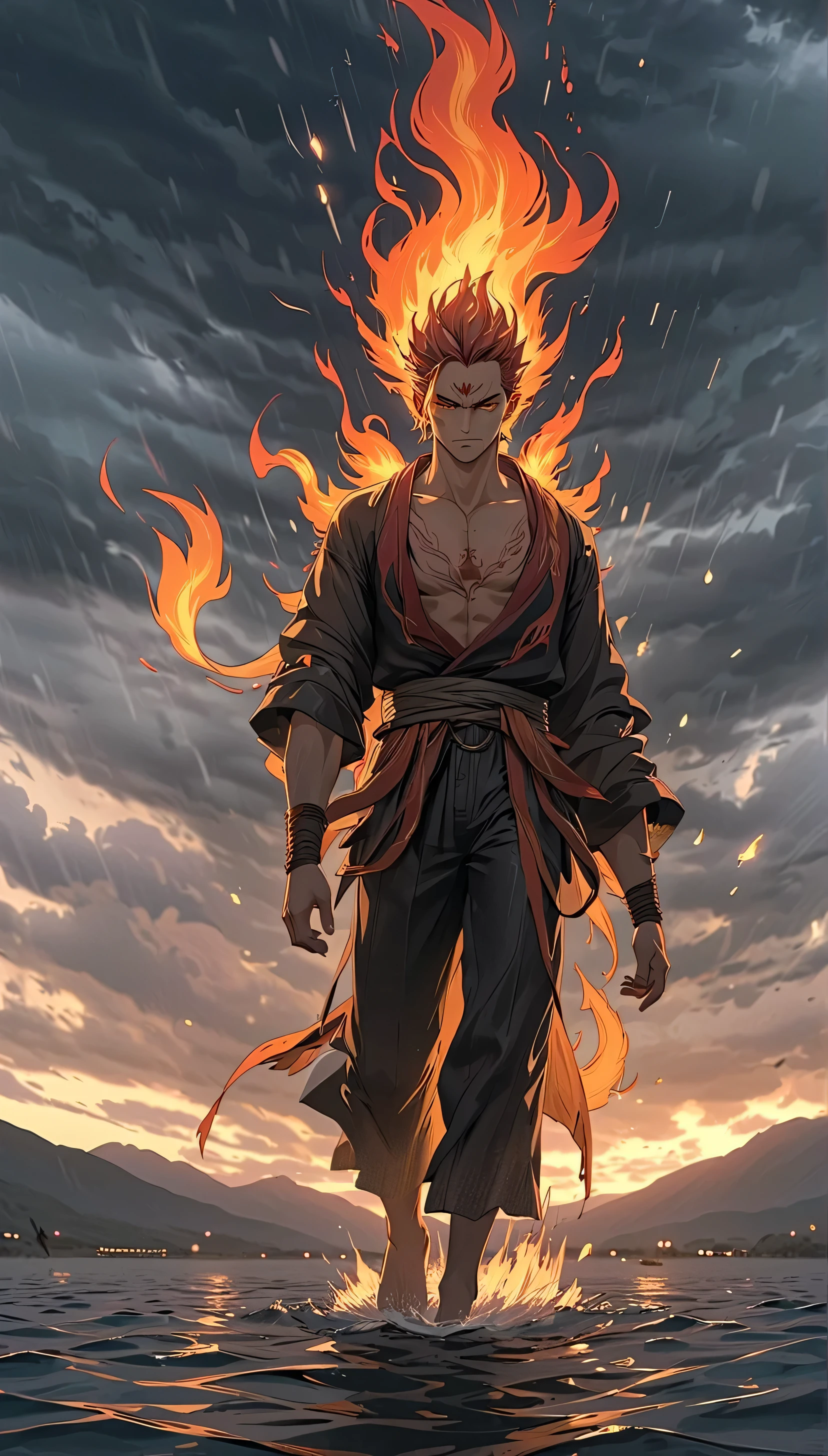 A burning man walking on water, like a fire god , with fire in his eyes , and a sky thundering and raining , realistic, until