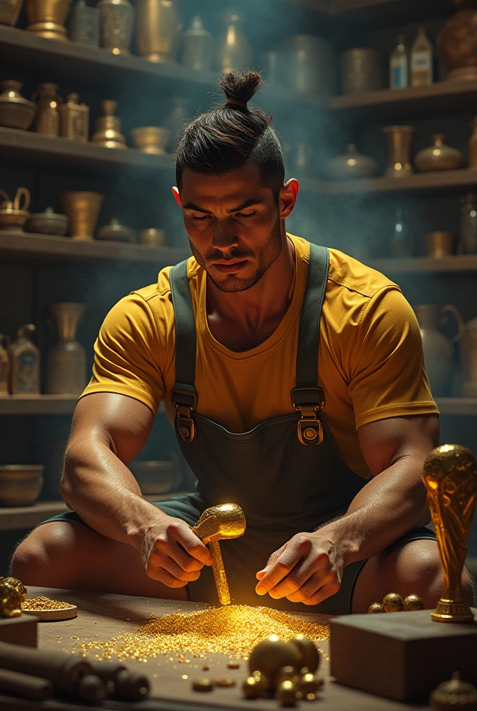 in roberto ferri art style, LARGE SHELVES CONTAING ALL KING OF TOOLS, "the instruction processor", fullbody, a young latino man OPERATING a golden rich instricate detailed machine, soft colors, with a confident look, miling, sexy gaze, perfect anatomy, fullbadoy, shirtless, pantless, barefoot, standing on a chair fixing the machine shelves with all kind of tools, skinny detailed muscles, muscled legs, handsome, gorgeous, man adventurer, latino, rose, smirk, short bob haircut, ruffles, silk, reach intricate background, realism close up portrait, oil painting, masterpiece, shadows, expert, insanely detailed, 4k resolution, caravaggio, john william waterhouse, By Caravaggio colours, chiaroscuro, mtg, dnd, fantasy