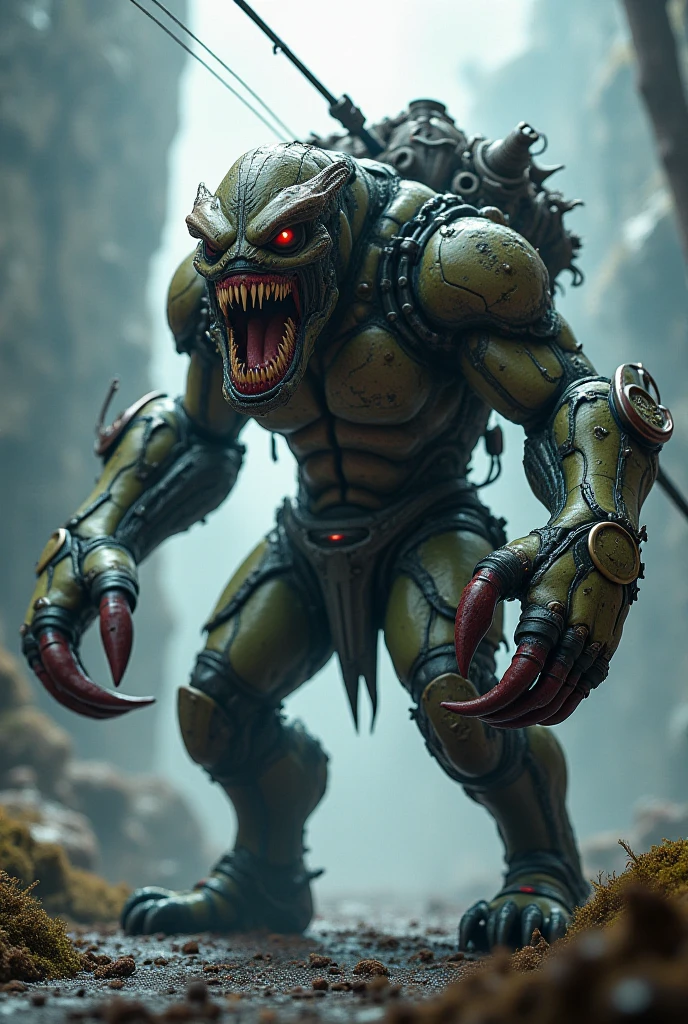 Zombie, right crab hand with teeth, heavy chain in body, single eye, villain, strong body, as different zombie, full body, full body view