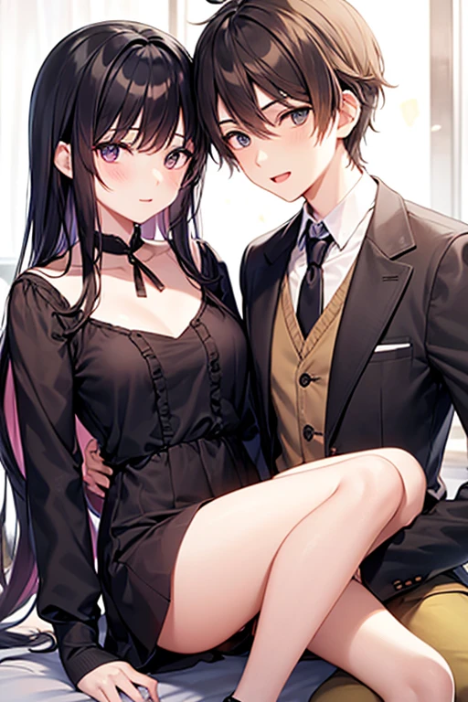 a handsome young man, in a nice suit, sitting with beautiful woman in black lingerie