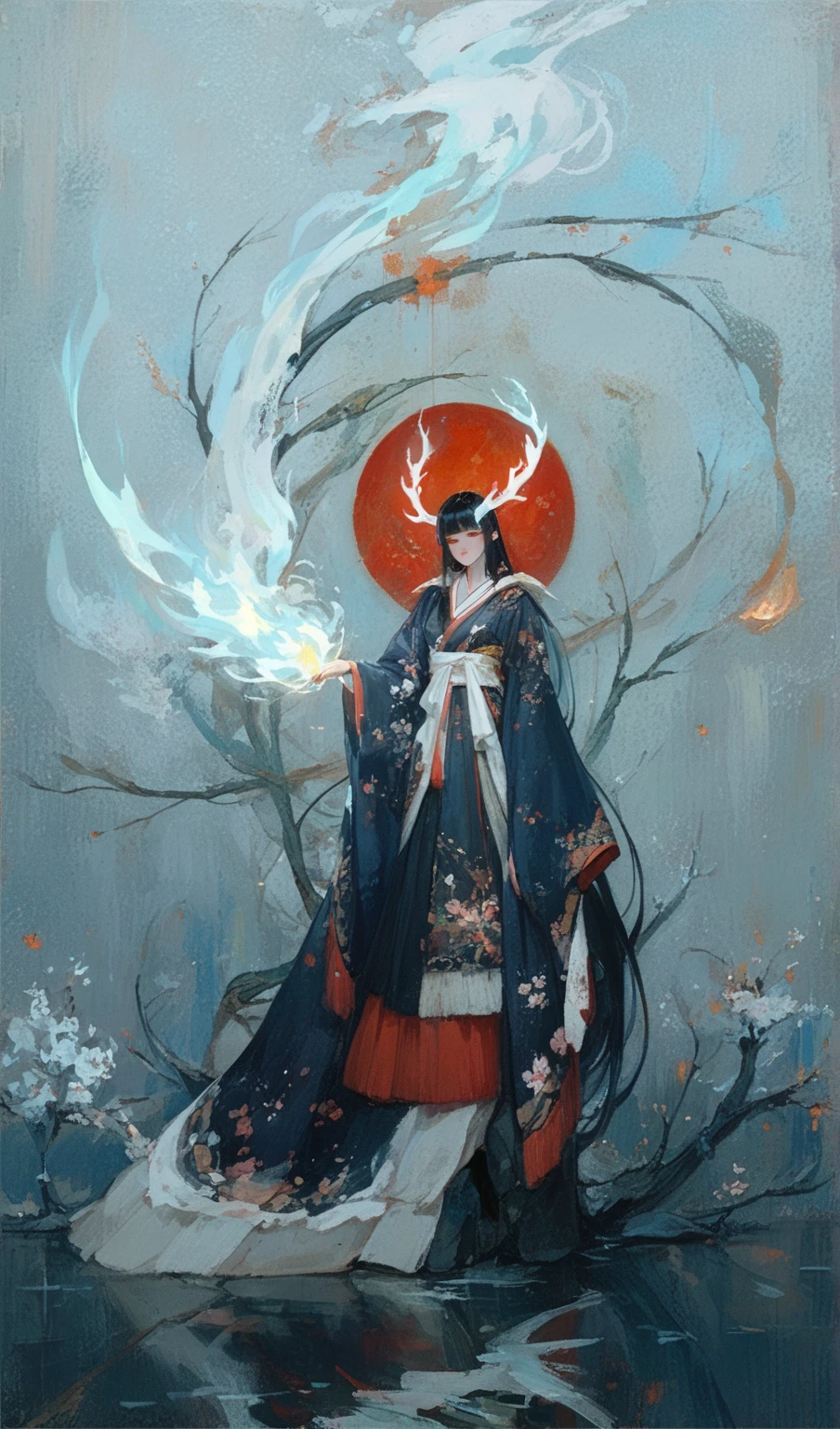  Japanese girl  ,Hime cut hairstyle, Floor-length black hair ,White skin,Black eyes,  Horns resembling him, glowing white,Wear a black red kimono, Shaped part , Height 170 cm..