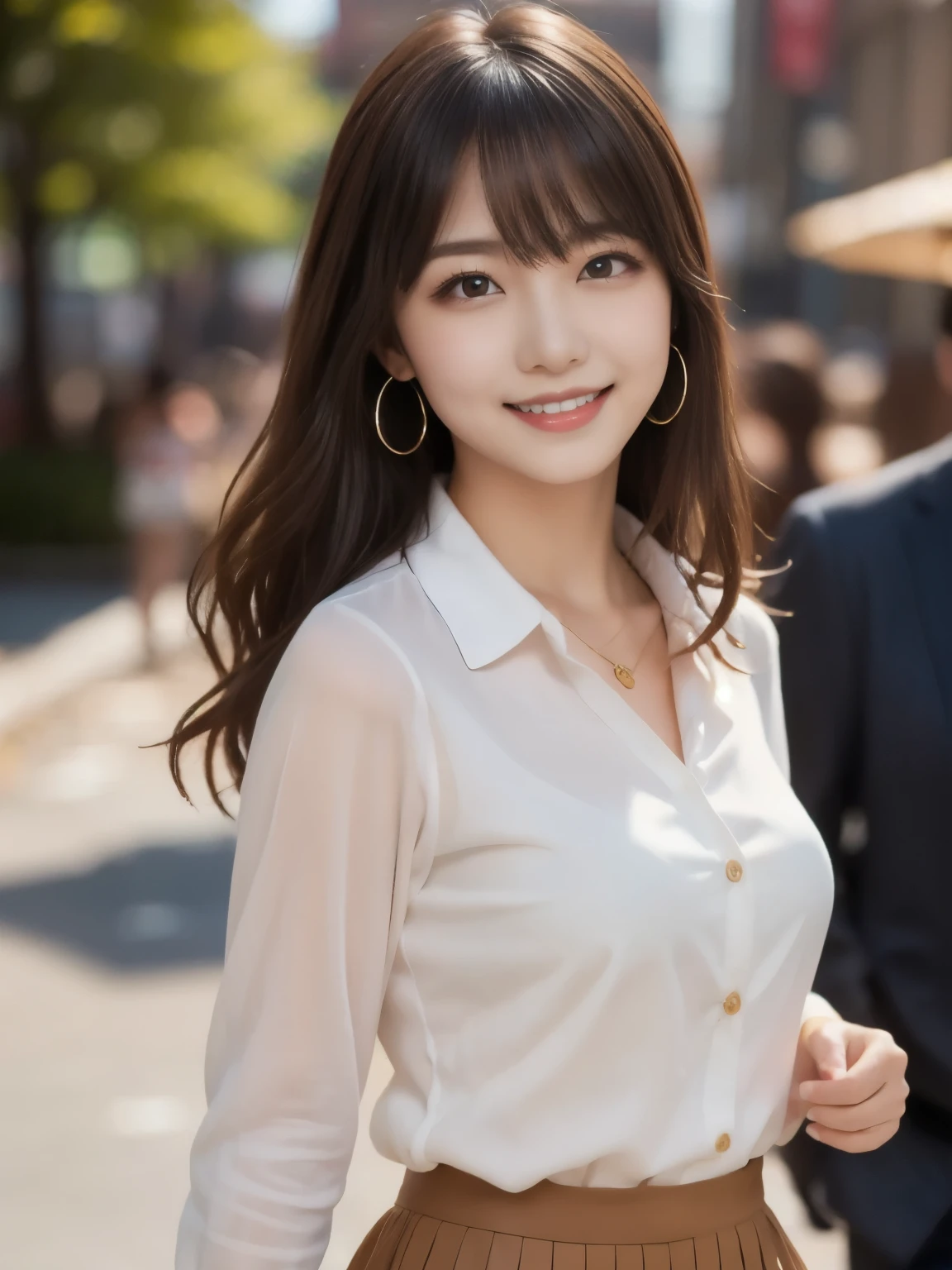 masutepiece, Best Quality, Photorealistic, Ultra-detailed, finely detail, High resolution, 8K Wallpaper, 1 beautiful woman,, light brown messy hair, in a business suit, sharp focus, Perfect dynamic composition, Beautiful detailed eyes, detailed hairs, Detailed realistic skin texture, Smiling, Close-up portrait, Model body type、((Super long brown hair:1.2))、((Hair with loose waves inside:1.2)),((shy smile:1.3)),((gold necklace_Large earrings:1.2)),full body shot、(((full figure supermodel standing, full body shot, entire body in frame))),((white long sleeve button up blouse_with collar_Remove up to the second button_brown pleated mini skirt:1.3)),((With a smile_running towards here_Long hair fluttering:1.3))