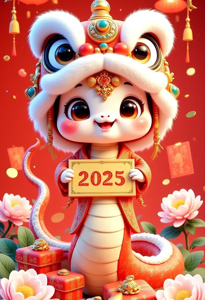 Cute Chinese snake with red gift boxes and calendar, golden text "Happy New Year 2025", light yellow plum blossoms, cartoon style, red background, New Year's atmosphere, graphic design poster art, bold lines, high-contrast shadows, 3D rendering, high resolution, super details, 8K