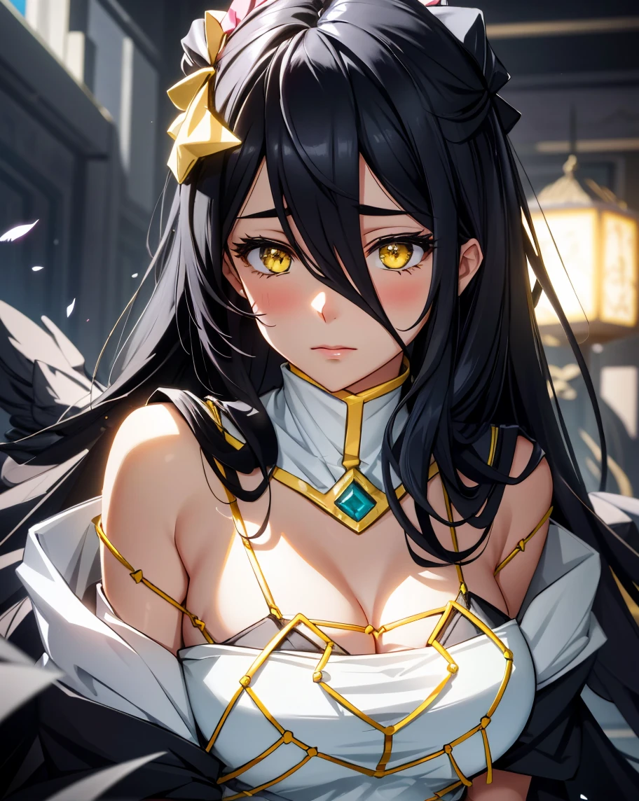 1girl, (4k, masterpiece), looking at the viewer, big breast, ((yellow eyes)), in dungeon, holds axe in one hand, hold one breast, wings