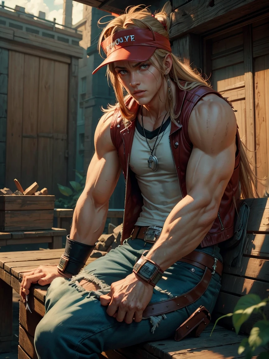 Terry Bogard ,  The Legend of Hungry Wolf Characters,   high resolution on the bench , 4K