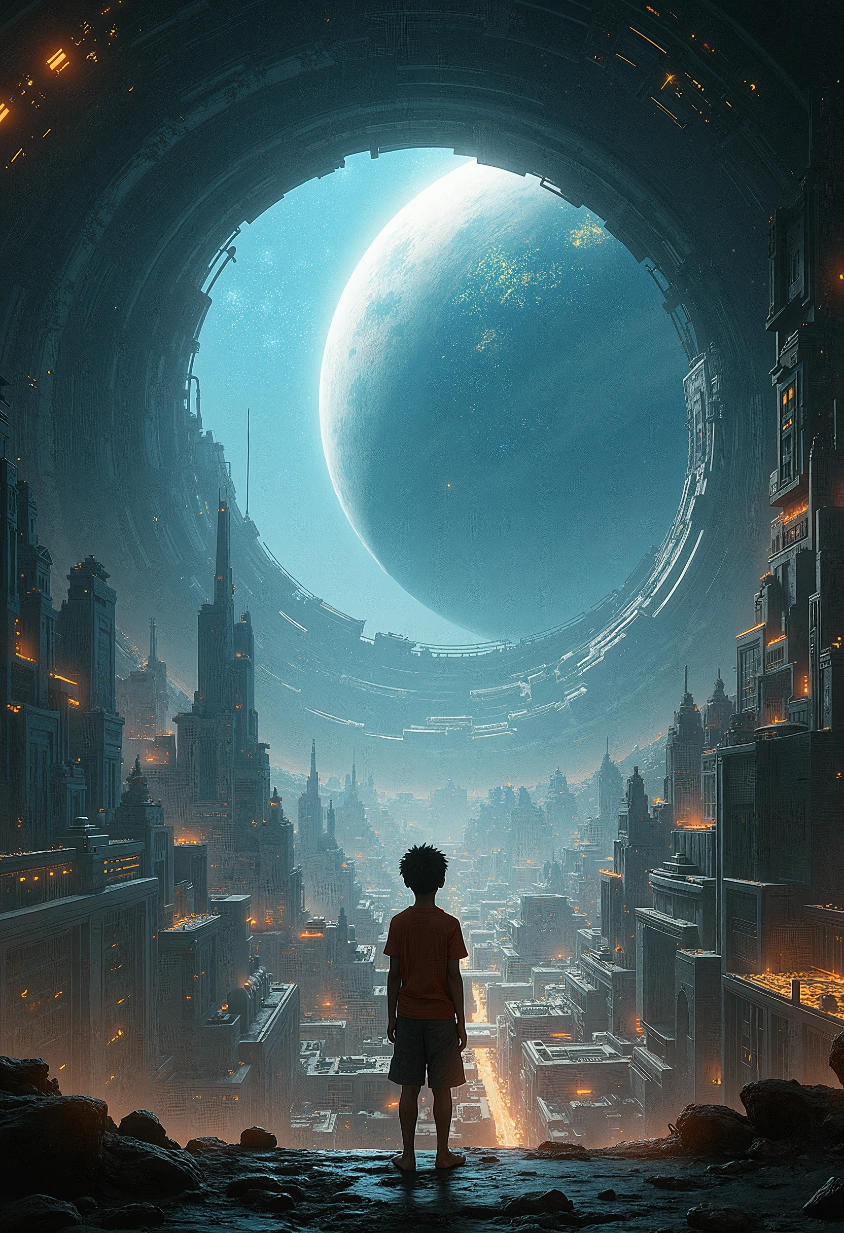 Outer space. People are living inside a gigantic, tube-shaped space colony. The tube-shaped colony is several tens of kilometers deep. The inside of the tube-shaped colony is filled with buildings. A boy looks up at the sky.