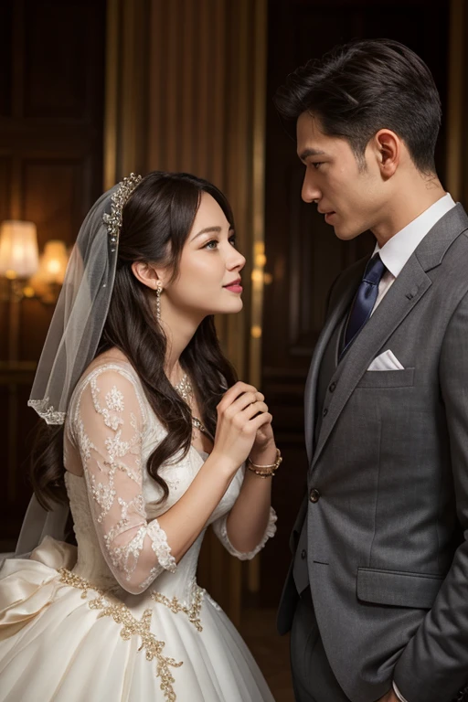 One, white-skinned woman with black hair in a wedding dress marrying a man of, white skin and black hair