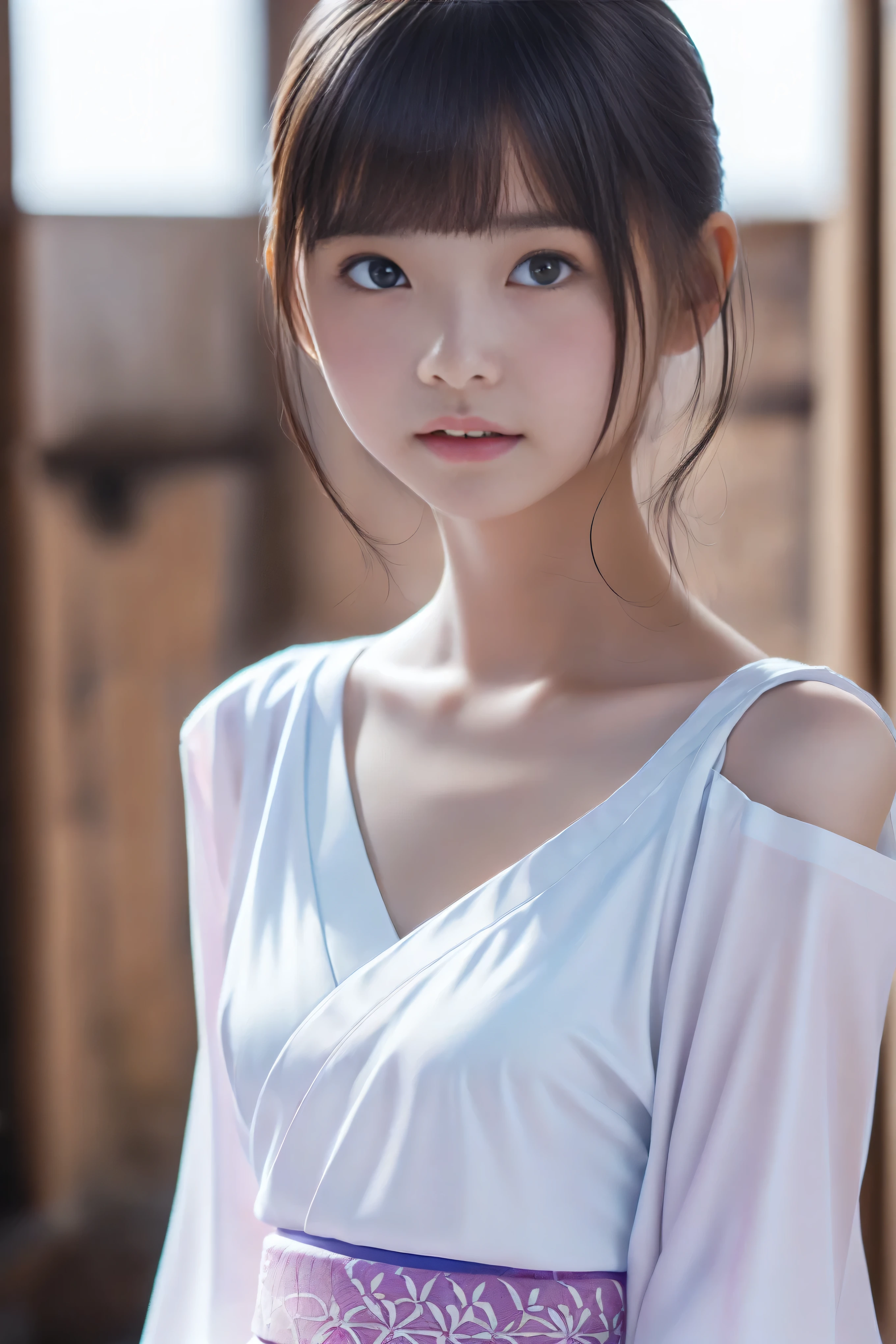 ( Top Quality :1.2), 8k, beautiful young girl , 85mm, Official AR RAW photos , 、( medium bust :1.4)、 Silver Hair, short hair with shadows, AirPods, photoshoot, (Pure white thin Japanese kimono:1.4)、 pure white kimono 、