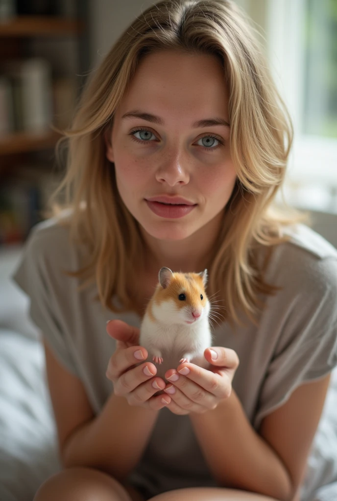 Best quality, 16k, masterpiece: 2.0, , 1.60 m tall, beautiful teenager, German woman with medium-length blonde hair, her face is without make-up and naturally beautiful, (without make-up: 2.0), thin lips, small fingernails, female body, smile, her face, neck and upper body with hamster are seen from a bird's eye view, from a distance, photographed from the front with the whole body, in both Hamster hands, the woman sits upright on the edge of the bed in front of the camera, the picture was taken spontaneously in the bedroom, perfect hands and face, no image noise. Sharp focus on and background, highly detailed person and hamster, clear details for and surroundings, ultra-sharp focus, person and background equally detailed, ((ultra-realistic image of a woman with a hamster)), (looking at the hamster)