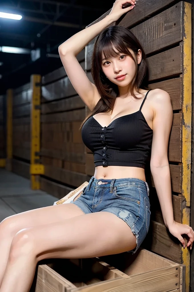 in 8K、超A high resolution、Best Quality、masutepiece (Large breasts、Colossal tits、cleavage of the breast:1.5)(Small white tank top with tight size、Pretty short denim hot pants、Put a tight white tank top inside hot pants:1.48)(London cityscape:1.2) (Long black hair straight:1.25)Smiling happily、Big eyes、Distinct double eyelids、Lashes、Highlights in the eyes、Light brown eyes、Pinclip Gloss、piercings、Black Enamel Knee-High Boots、(Open your legs wide to the sides、Beautiful long legs)