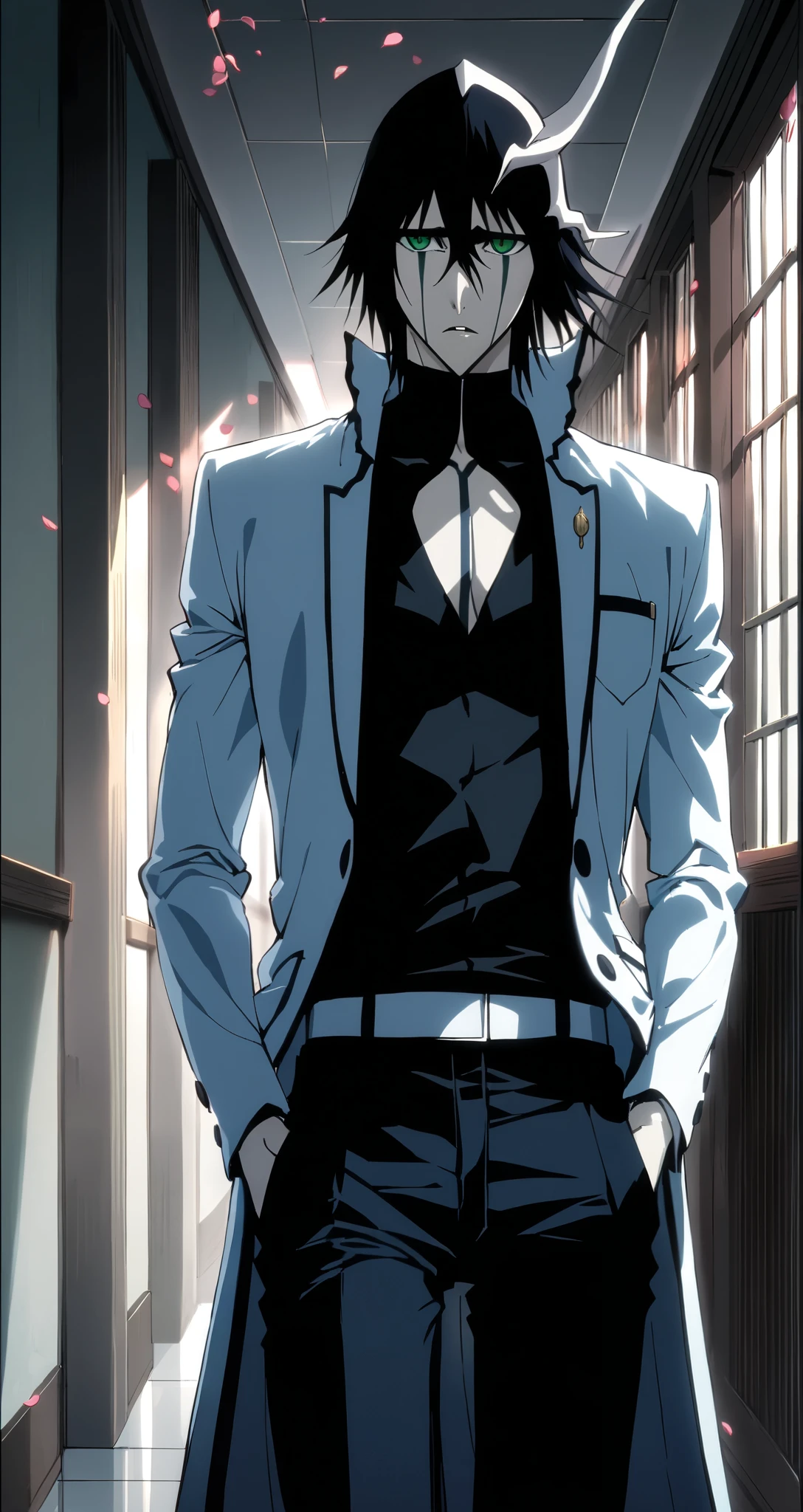 absurdres, highres, ultra detailed, HDR, masterpiece, extremely detailed face and eyes, perfect face, Ulquiorra Cifer, Raven hair, hair between the eyes, expressive green eyes, pale skin, Bleach, solo, sexy man, handsome, School Uniform, white coat, tight black shirt, patterns, Hands put in trouser pockets, pink roses, petals, At School Corridor, Walking