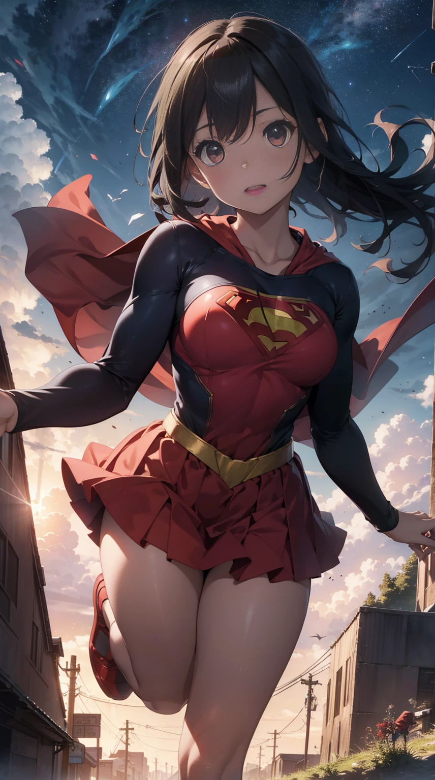 (full body), (masterpiece:1.2), (Highest_quality:1.2), (Ultra_detailed:1.3), 8K, Low - Angle，From below， 1 Girl，alone，大きなButtの女の子, red knee high long boots，wearing spcc costume with cape，( Supergirl), Blue leotard，Red mini skirt，Red Cape，gloves，hoshino-ponytail,hoshino \(blue archive\), heterochromia,medium hair,ponytail,pink hair,ahoge,Halation,(Browsing Caution,Heart-shaped pupils,Masturbation，Masturbation，Man muscle，Groin, Butt,Sweat,，Climax，To convulsions，Wear a green collar，wrists tied with chains)，