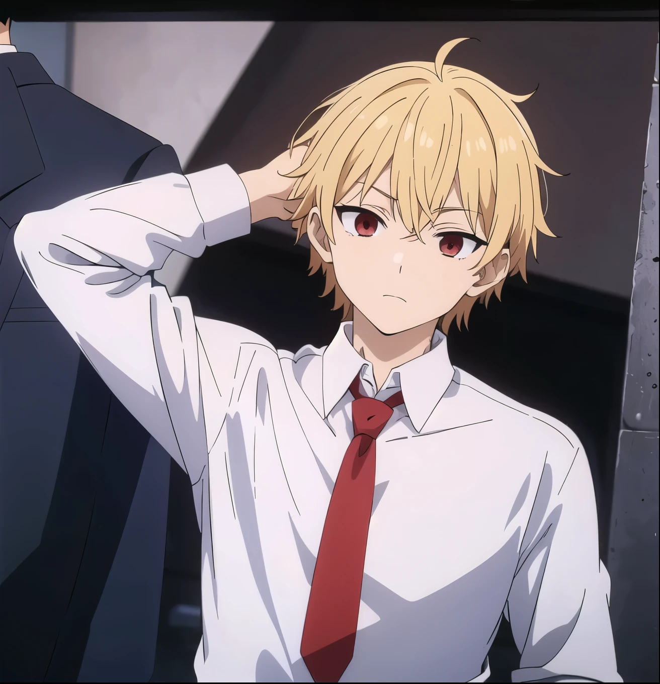 Anime boy wearing white shirt, red tie, black pants, looking at us, blonde hair , hand on head, full sleeves 