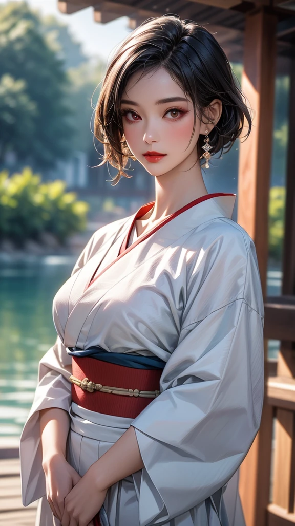 Solo, a bewitching girl in Japanese kimono style, a beautiful white snake with beautiful red eyes, old Japanese fantasy story, Japanese shrine, A mysterious big stone, breathtaking beautiful lake,( A woman is standing with beautiful a white snake), celebrating for new year, Favour of the gods , beautiful black hair, sleek short bob cut, fair skin, detailed beautiful skin, captivating perfect face, narrow face shape, narrow sharp eyes, beautiful royal red eyes, beautiful nose, red lipstick, elegant makeup, faint smile, athlete body, middle breasts, anatomically correct body description, wearing excellent pure white Japanese kimono, perfect description, perfect cinematic lighting, perfect shadows, depth of field, perfect painting of the moment, The image shows “Happy New Year 2025” in large gold letters,  intricate accurate background, beautiful lake, early morning, daybreak, morning haze, mysterious, (best quality, 4k, 8k, incredibly absurdres , masterpiece:1.2),ultra-detailed, (realistic, photorealistic, photo-realistic:1.37),HDR,UHD, cinematic lighting, best lighting allocation, ultra-fine painting, sharp focus, anatomical perfect rendering, extreme detail description, professional, optimized vibrant colors,