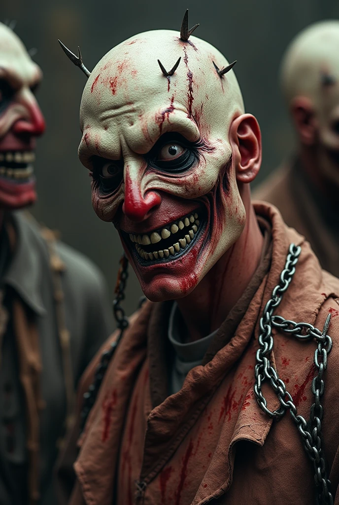 RAW photo , tw1sty, bloody mouth, bloody face, portrait, from side, looking aside, 8k uhd, dslr, cinematic lighting, high quality, film grain, Fujifilm XT3, (low angle park stormy skies) high saturation