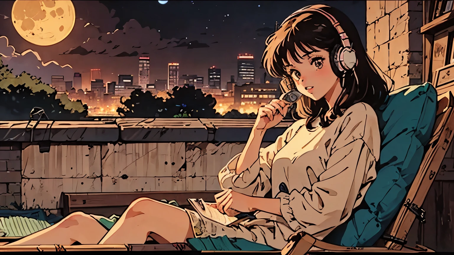  1 girl,  80s anime style girl on cassette tape,  Wearing headphones , Retro, Lo-Fi, On a cassette tape, outside, outside, at   knight ,   knight ,   knight  view,   knight 景, moon, moon, A   knight scape with a visible moon, where the city lights blend harmoniously with the serene glow of the moonlight,  teeth、 quiet and enchanting atmosphere  