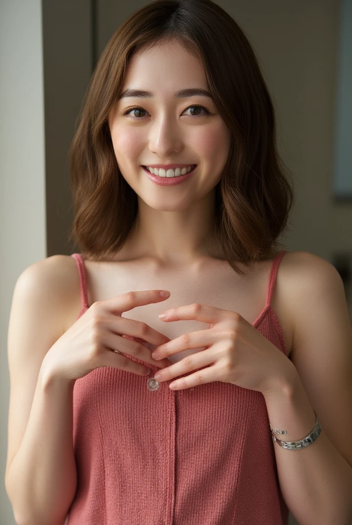 She is in a pose wearing a sexy camisole, making a firm big heart shape with both hands, and holding it in front of her chest, Cute smile up