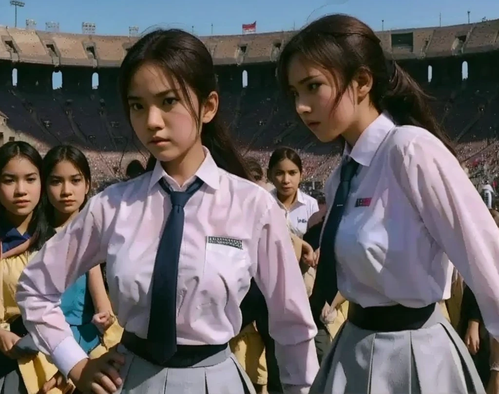 "Create a dynamic and epic illustration of two gen z girl wearing indonesian high school uniform, Asian faces, white long-sleeved shirt with front collar, gray pants skirt, white knee-length socks, black school loafers grey tie, (big breast), badge on breast pocket, fighting in the gladiatorial arena with swords, engaging in fierce combat inside a magnificent Roman colosseum. A scene Full of energy as two schoolgirls fight with great determination. One of the schoolgirls, wearing a long-sleeved white shirt with a front collar, a gray tie, a gray skirt, is holding a big sword, and is fighting . 

Her opponent, a female student wearing a white long-sleeved shirt with a front collar, blue tie, blue skirt, was lively and lively, equipped with two short swords, her movements were fast and precise.

The arena was filled with a roaring crowd, with dust and debris flying from the force of their blows. The setting sun cast a golden hue over the entire battlefield, accentuating the sweat and intensity on their faces. Their weapons clashed with sparks flying, and the tension in the air was palpable. The backdrop features the towering stone walls of the coliseum, with banners fluttering in the wind, adding to the grandeur of the scene.

The overall atmosphere should reflect the strength, skill and determination of the gladiators, focusing on the dramatic and heroic nature of their fights.