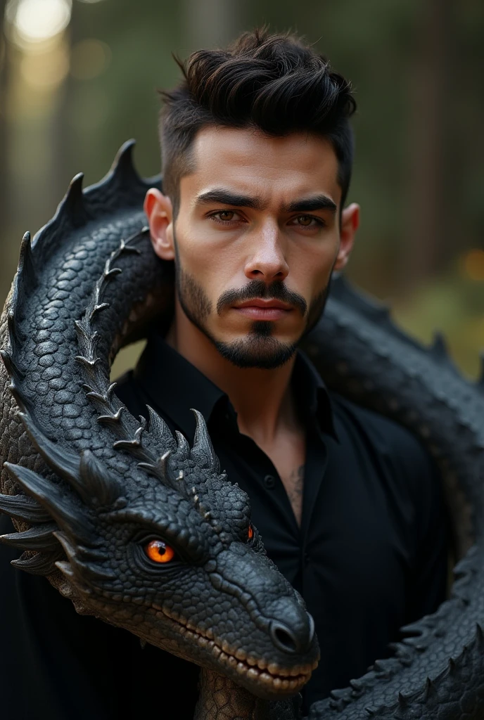Femenine man. BIG, Very handsome, Full lips, straight nose, and a finely trimmed beard and mustache. Light blue eyes and messy and long black hair. Dragon and a long variety of tatoos. 