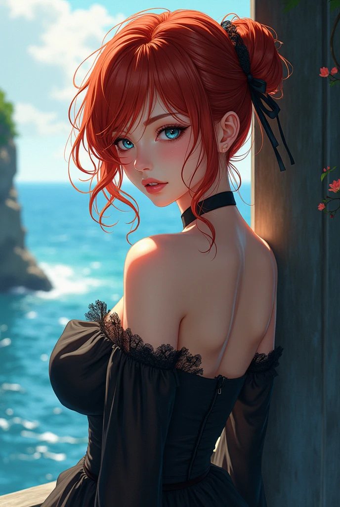 (masterpiece, best quality), photorealistic, cinematic, anime girl in off-the-shoulder, breezy sundress in a bold solid color, seaside, 1 girl, red hair, (side-swept waves hairstyle:1.5), full-body shot, head to toe visibility, perfect anatomy, curvaceous body, alluring, perfect eyes, perfect hands, sitting on the sand with legs crossed, leaning slightly back on one hand, the other hand can be gently playing with a strand of hair or holding onto a piece of the dress, the off-the-shoulder neckline can be showcased, giving a relaxed and charming look, a playful and carefree smile, with a hint of subtle mischief, the model's gaze can be directed slightly downwards, as if lost in thought or enjoying the moment, extremely detailed Artgem, ig model, artgem, alena aenami and artgem, krenz cushart and artgem, artgem and atey ghailan