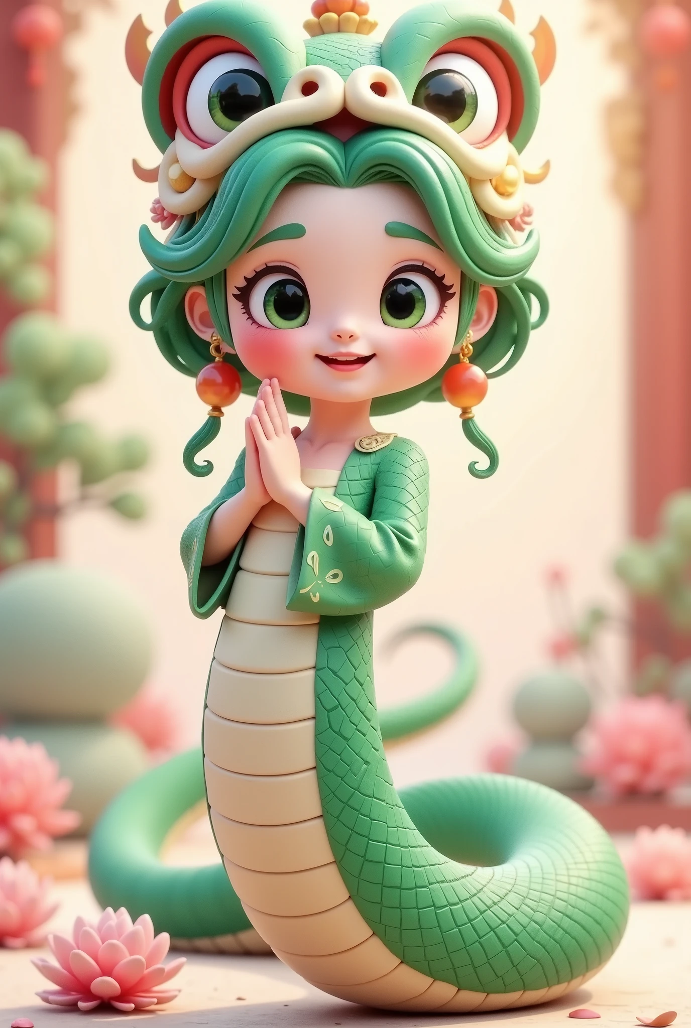( masterpiece, best quality:1.2), 1Snake girl , ,unique ,cute, raise your hands, Chinese style,(((Lion hat:1.5))),cute细致数码艺术, cute的数字绘画, cute的数字艺术,