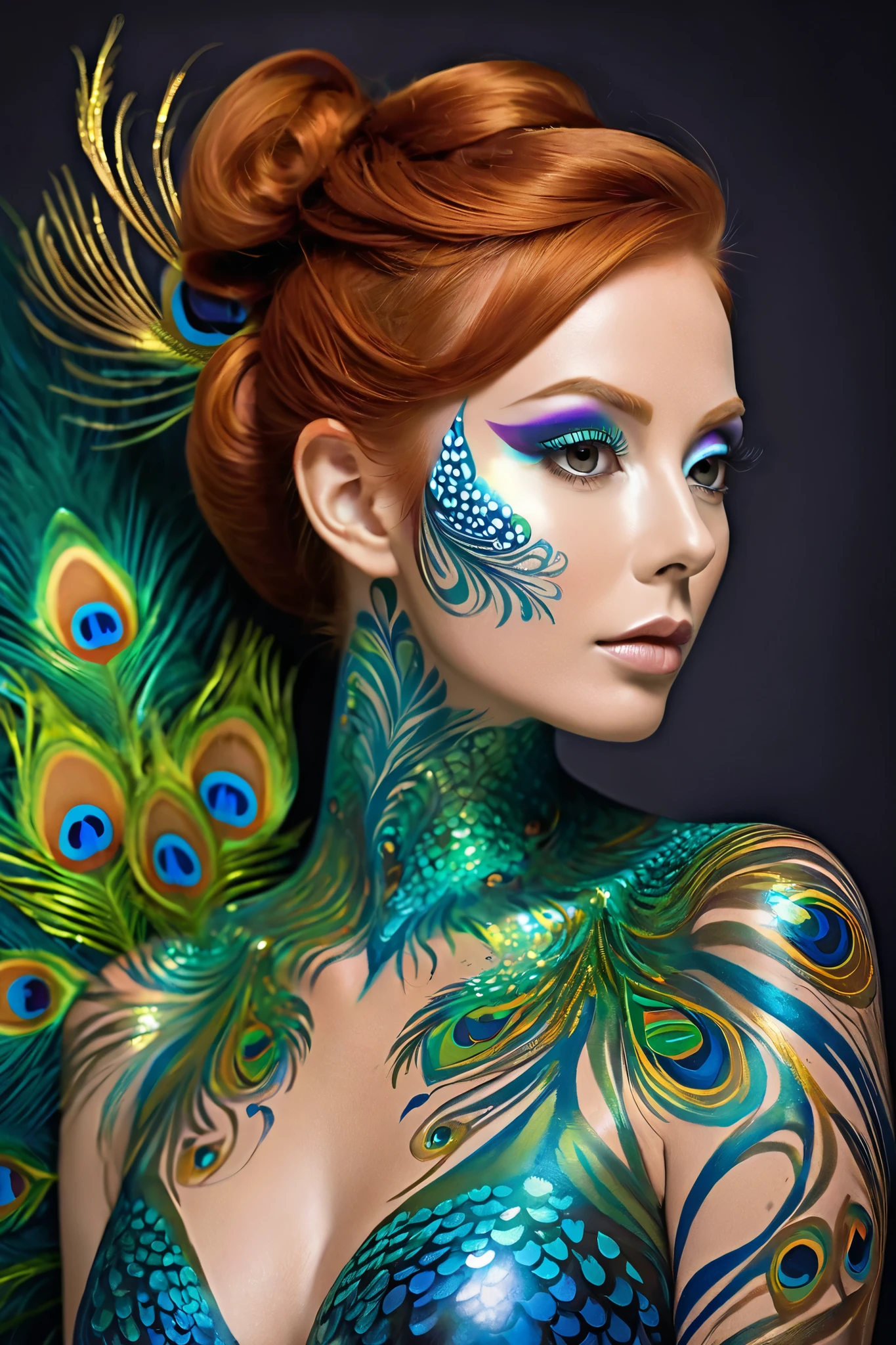 A beautiful ginger haired woman in her 30s is wearing body paint only. The paint is a peacock Very artistic style. Gorgeous and classy, beautiful. She's dressed as a peacock in body paint 