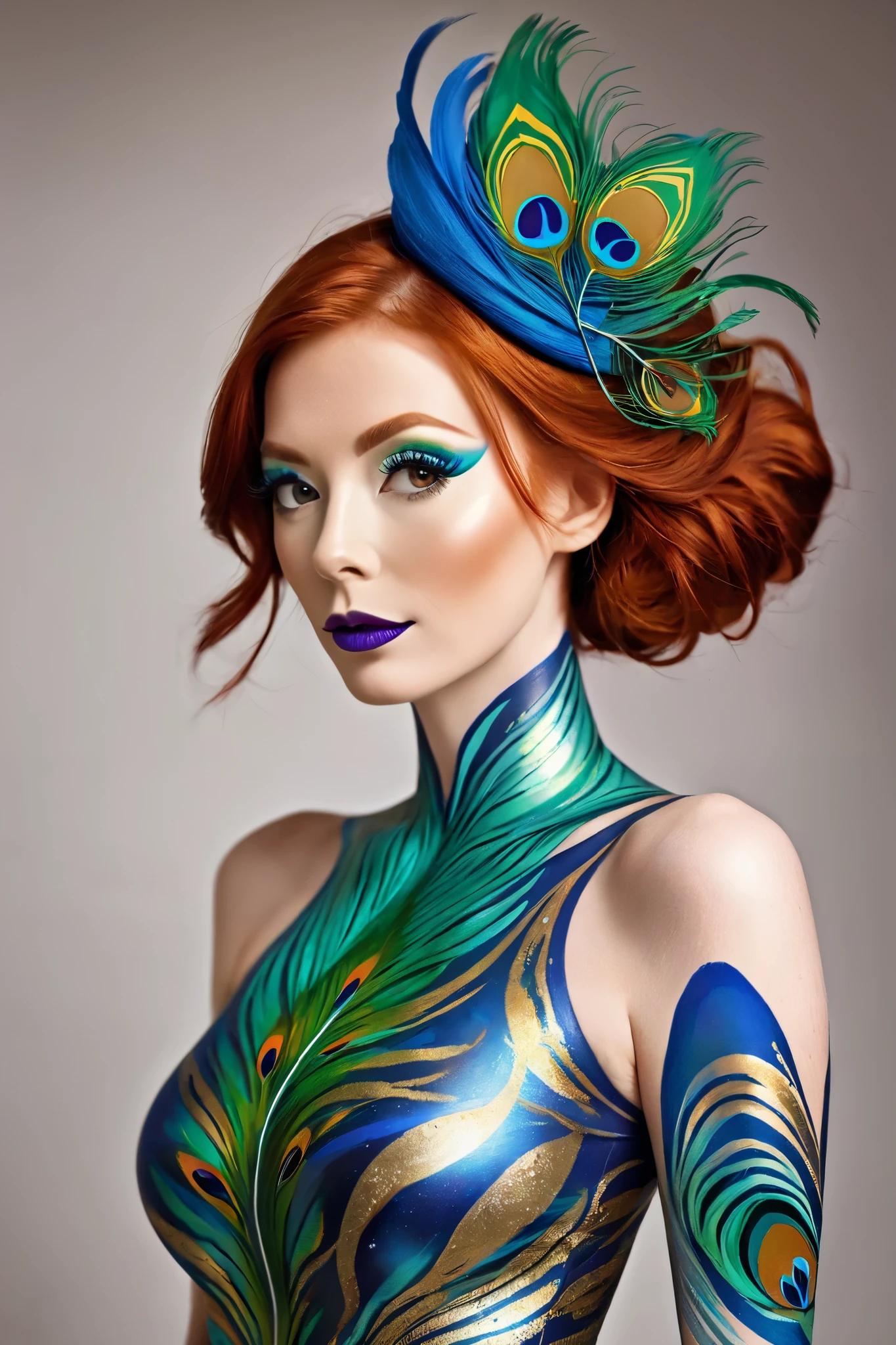 A beautiful ginger haired woman in her 30s is wearing body paint only. The paint is a peacock Very artistic style. Gorgeous and classy, beautiful. She's dressed as a peacock in body paint