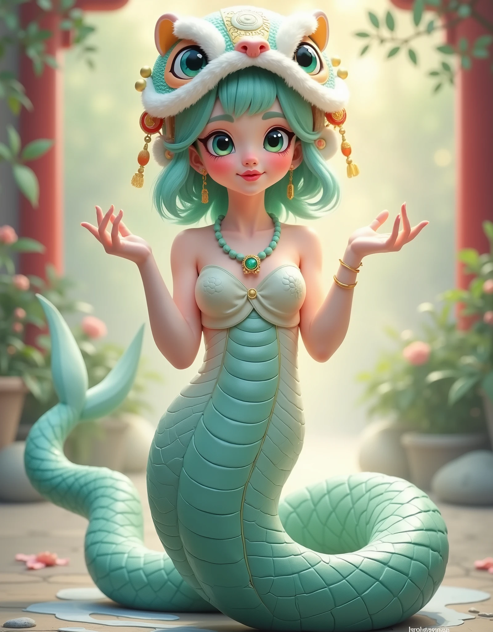 ( masterpiece, best quality:1.2), 1Snake girl , Mermaid,举起双hand,unique ,cute,hand, Chinese style,(((Lion hat:1.5)))