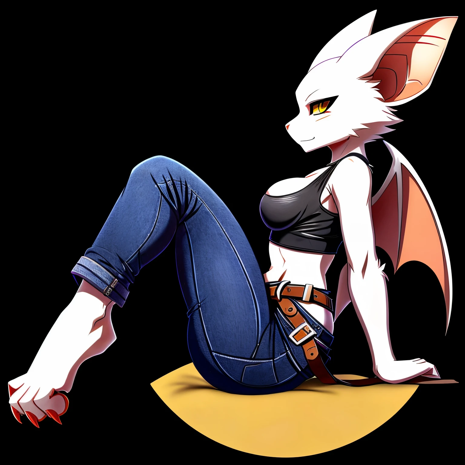 SFW version, anime, anime style, solo drawing, ((three-quarter view)), ((looking to the side)), full body picture, Anthro bat character, ((tall character)), ((Fit figure)), ((white skin)), clawed hands, ((clawed feet)), ((huge bat wings)), ((Purple Bat Wings)), ((white bat ears)), ((wearing baggy black jeans)), exposed belly, ((wearing belts on arms)), ((wearing belts around calves)), ((wearing belts around thighs)), sexy outfit, black clothes, ((white face)), neutral expression, bright yellow eyes, ((digitigrade legs)), ((digitigrade feet)), solid black background, dark background, highly detailed anime style, clean lines, beautiful demoness, female demon, gorgeous demon girl, attractive bat girl, ((hourglass figure)), short muzzle, furry cheeks, furry muzzle