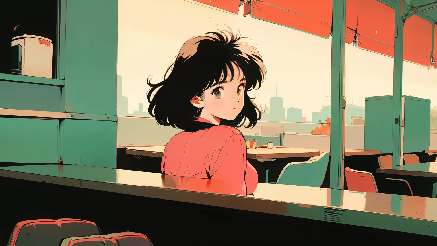 Country girl, 1980s, black hair, old photo color , big round eyes, Round face, in the city , street, restaurant , from behind , RETRO ART STYLE