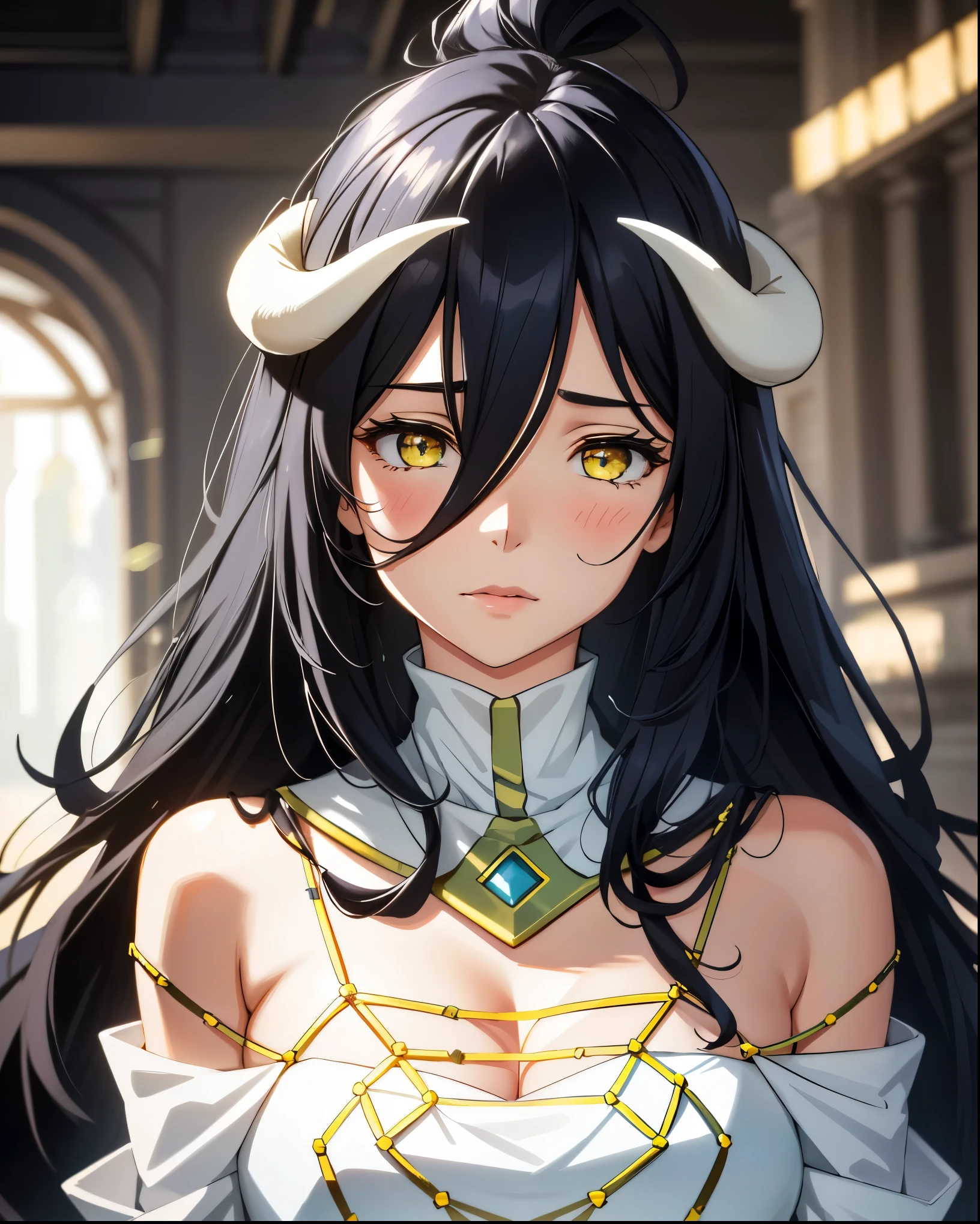angry (((muscular girl toned body huge breasts horns))) long silky black hair yellow eyes pale skin gold gold gold gold gold gold