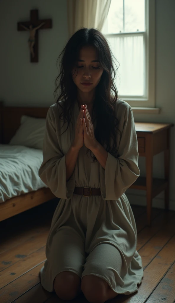 Woman praying aside, at night