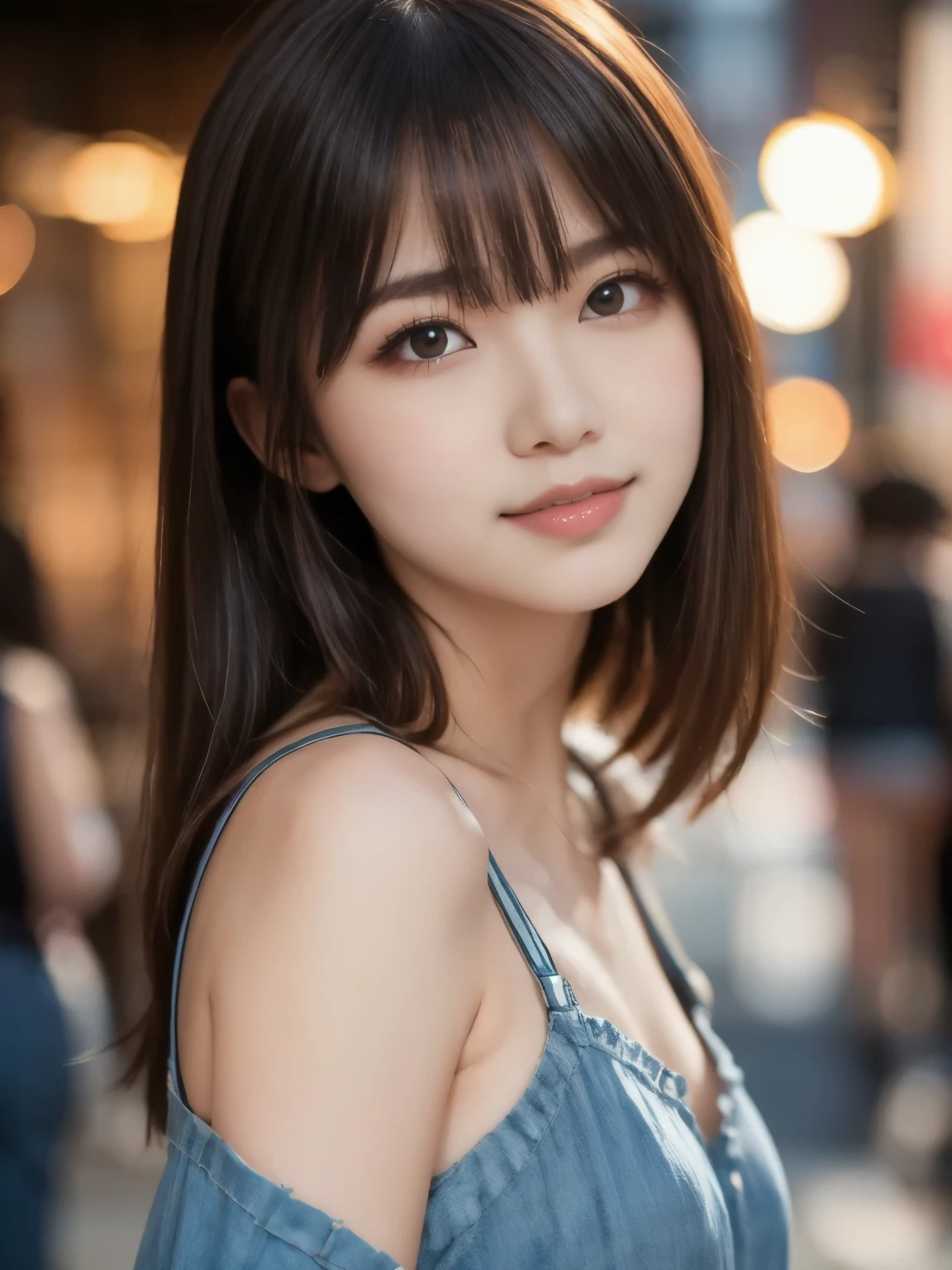 masterpiece, best quality, 8k, teen, raw photo, absurdres, award winning portrait, solo, night, neon, idol face, violaceaess, gardeniass, delicate girl, upper body, DSLR, looking at viewer, candid, sophisticated, youthful, thin arms, professional lighting, film grain, chromatic aberration, (detailed eyes and face:1.0), (bokeh:1.1)