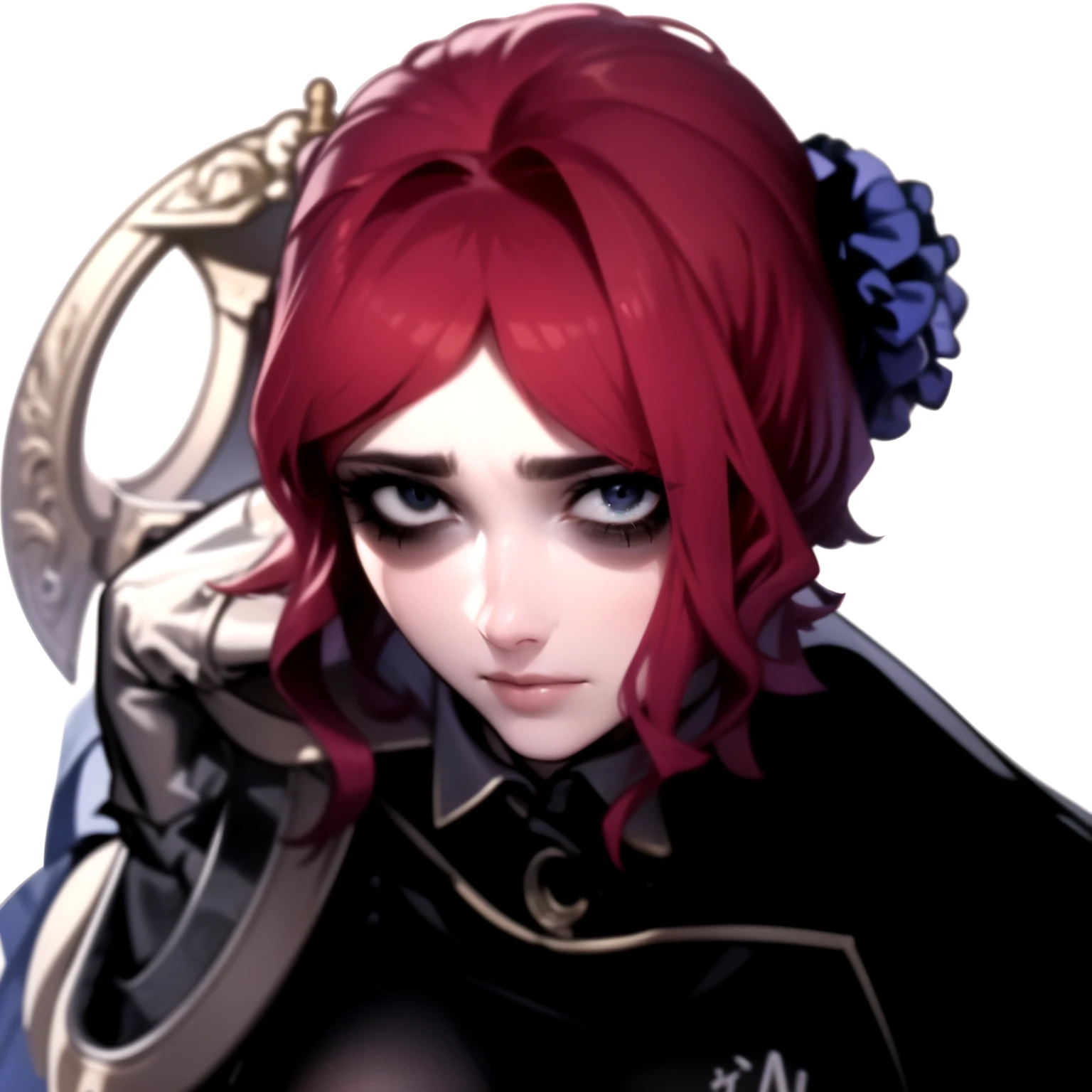 womam, glommy face, swollen eyelids, red hair, very dark bags under eyes, best quality, masterpiece