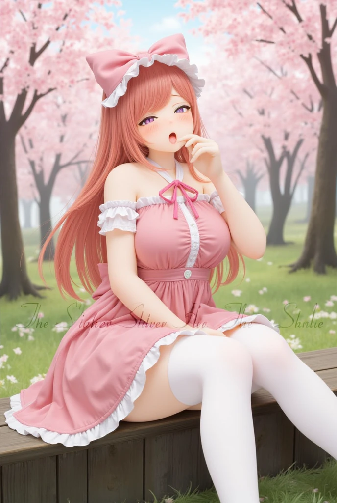 cinematic angle,nature,Cherry blossoms,very_long_hair,sweet_lolita,white_thighhighs,shushing,