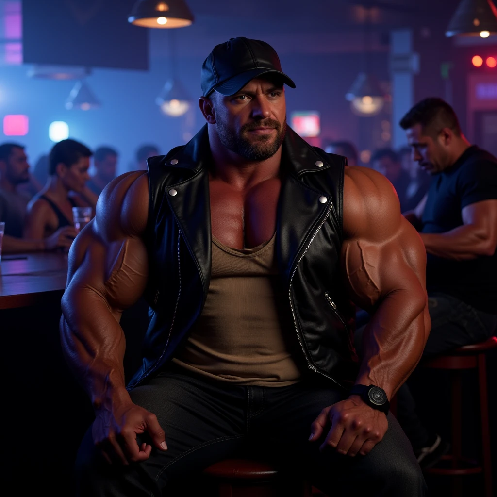 This is a high-resolution photograph featuring a muscular, rugged-looking man with a heavily muscled physique, with exaggeratedly large biceps, triceps, pectorals, legs and body hair seated at a bar in a dimly lit, urban setting. The man, with a strong jawline and piercing eyes, has a light complexion and a short beard. He is wearing a black leather jacket with silver zippers and a black leather cap. Underneath the jacket, he has on a light beige tank top that is slightly torn and stained, revealing his muscular chest and arms. His jeans are black and appear worn, with a slight dirtiness around the knees and thighs, suggesting he has been working outdoors or in a rugged environment. The background is a crowded bar scene with numerous patrons, some of whom are blurred due to the low lighting. The bar counter and tables are visible, with a mix of dark and light tones. The lighting in the bar is primarily blue and purple, creating a moody, nightclub-like atmosphere. The man's expression is serious and intense, with a slight smirk, suggesting he is either deep in thought or contemplating something. The overall mood of the image is gritty and edgy, emphasizing themes of masculinity, toughness, and a rebellious spirit.