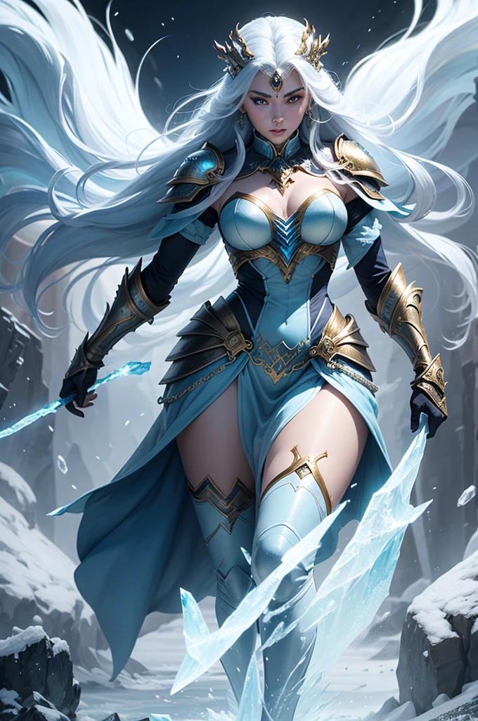 tmasterpiece,Highest image quality,,Beautiful female knight full body portrait,Exquisite blue braid hairstyle,Clear eyes,The sword,armour,high heels boots,crystal,Ultra-detailed details,advanced。At the Pixiv Art Station,Break your own power,Luigi,Big breasts exposing cleavage,R-18G