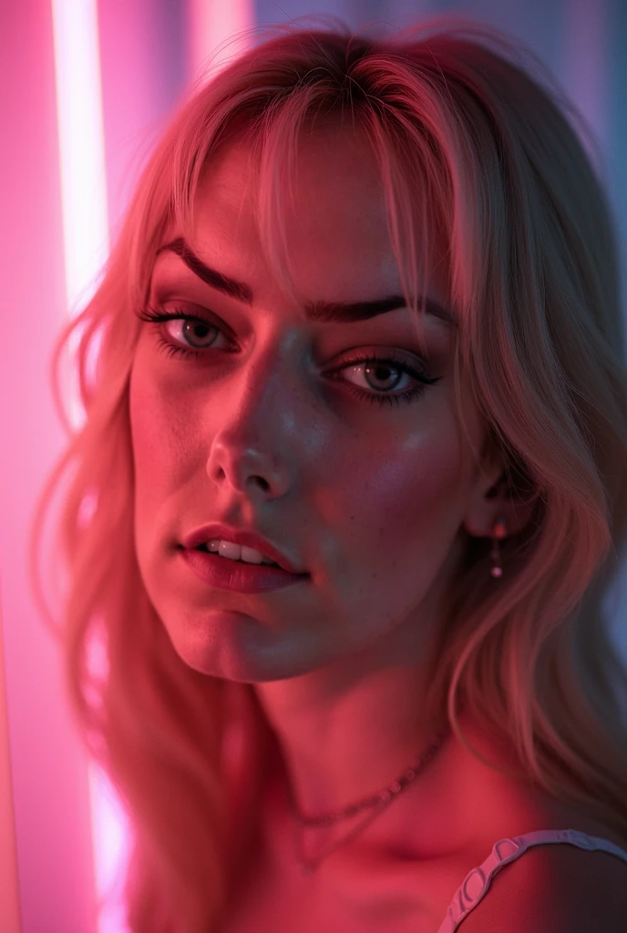 refnstyle, a emst woman close-up, purple tint ,dimly lit,sitting in a club ,at night,dramatic,vibrant,neon lights