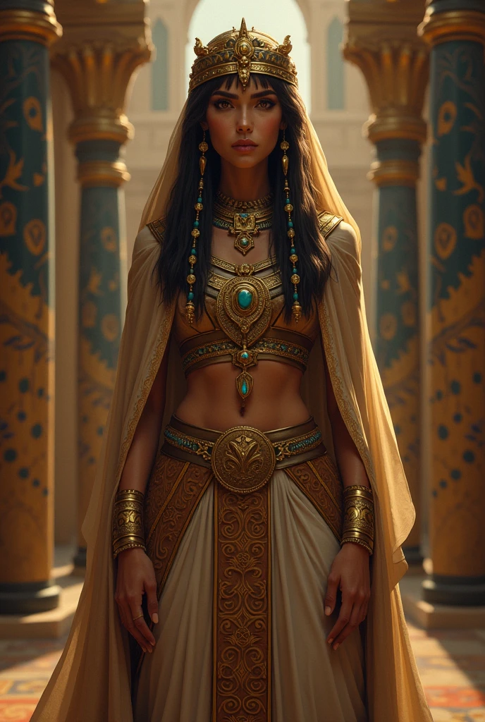 "A powerful Egyptian queen from ancient times, dressed in traditional Pharaonic attire, standing in front of a plain background."