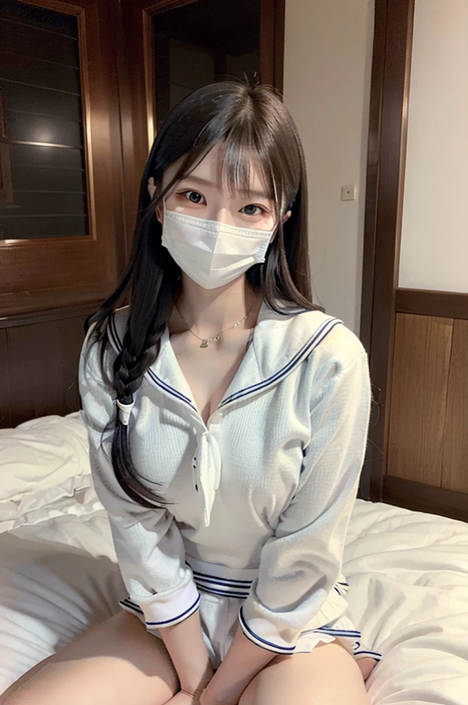 Japanese women Black Hair Long Hair bed In a sailor school uniform Blindfolded and hands tied with rope Bird View (Full Body:1.2)