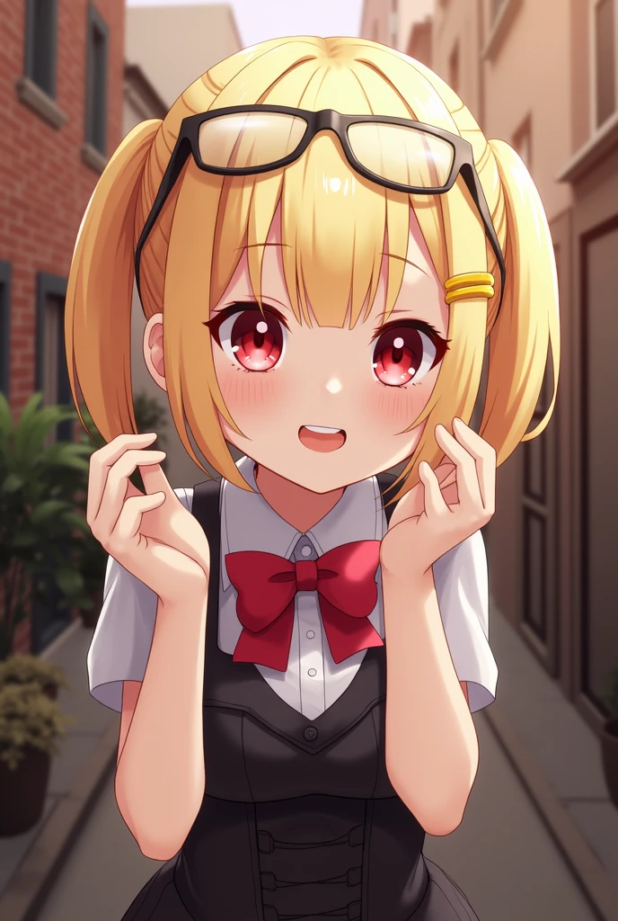 masterpiece, best quality, 1girl, soli, blonde hair, smile,happy,open mouth, two side up, school uniform, Presenting armpit, sweaty armpit, arm up,