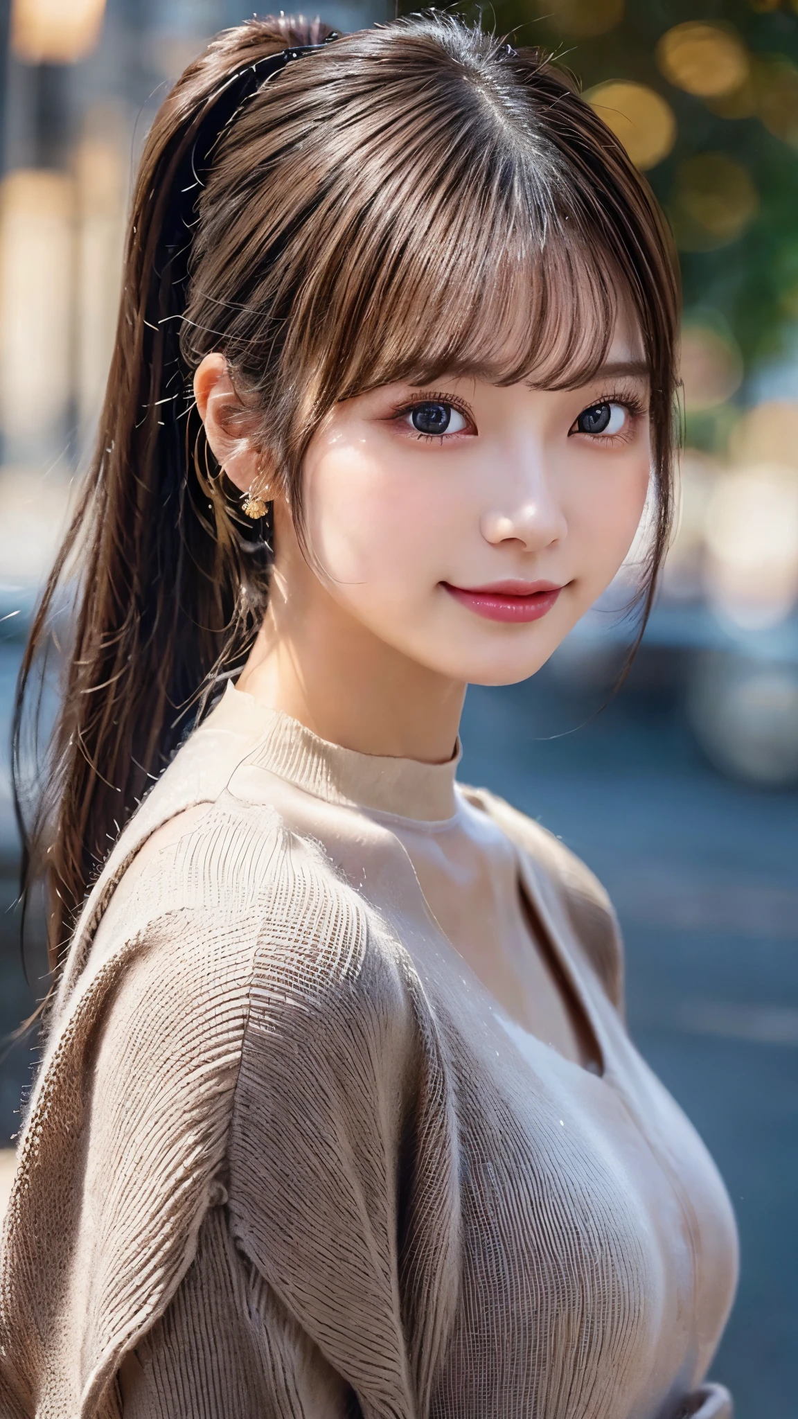 ,, small breasts,winter,European cityscape ,  knight ,Long hair ponytail ,Outdoors,暖かいwinterの服装,  knitted sweater , scarves , face close-up ,((8k,  RAW photos ,  top quality, Must-have items:1.2), (reality,  photorealistic:1.4), (Highly detailed 8k wallpaper),  black pantyhose 1 ,  cinematic lighting, Soft light, Detailed beauty eyes,  shiny and smooth light brown ponytail,   asymmetrical bangs that grab the chest,  Shiny Skin,  super detailed skin , high definition,  high detail,  Detailed hairstyle ,  detailed beautiful face,  hyperreal,  Perfect Limbs ,  perfect anatomy , 1 Japanese Girl , Famous Japanese Idols , Perfect female body, smiling face ,Short eyelashes, double eyelids, here, hairstyle is a ponytail ,