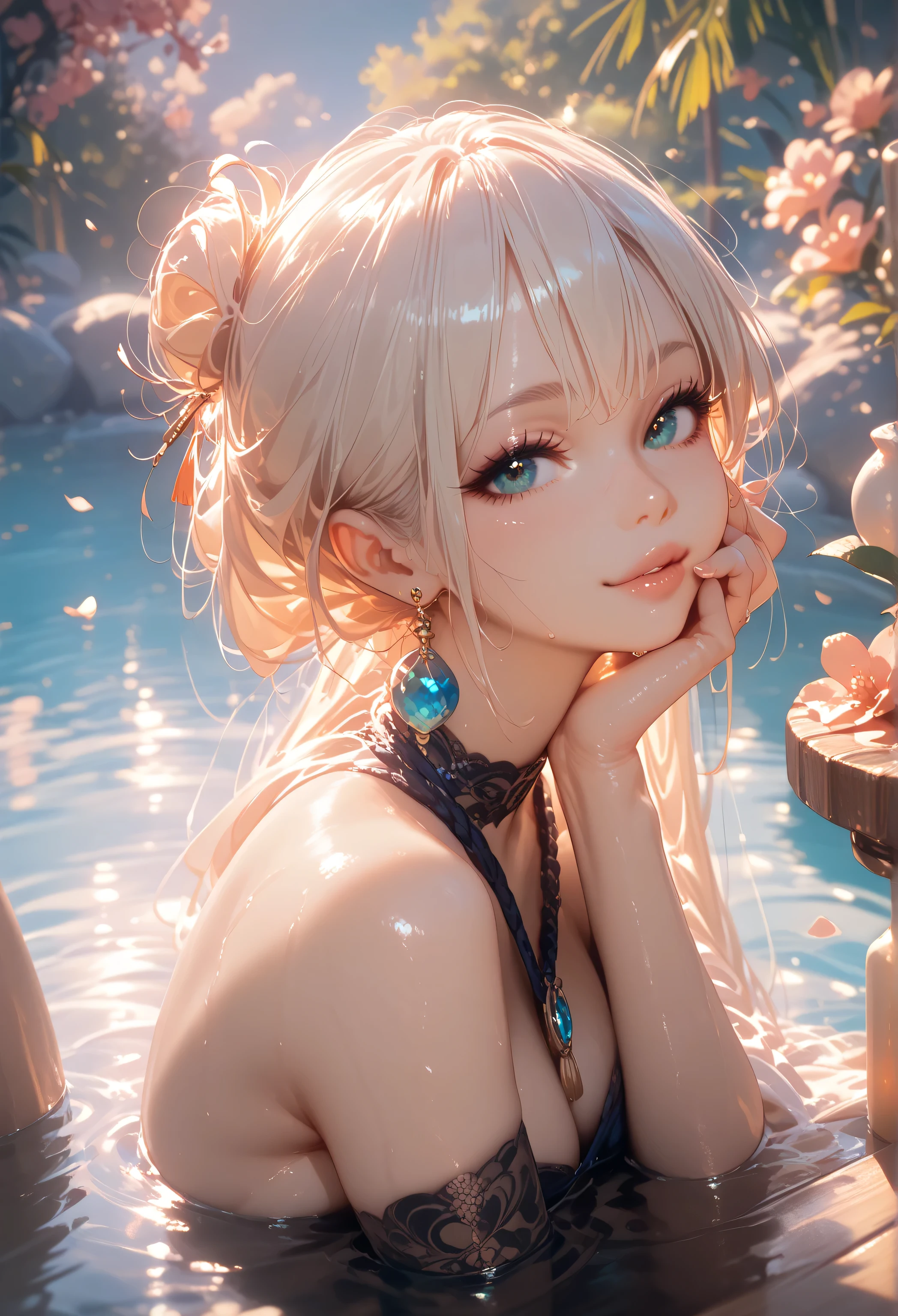 Portray a single, beautiful woman with lustrous, silvery hair styled in a short ponytail. She has a dignified expression, with her eyes softly closed and her cheeks gently blushing red, conveying a sense of serene boredom. Her ample breasts and slender body are emphasized, accentuating the graceful curves of her form. Her bare skin is smooth and glowing, adding to her captivating beauty. The image should be detailed, highlighting the refined and elegant features of this tranquil and beautiful woman.