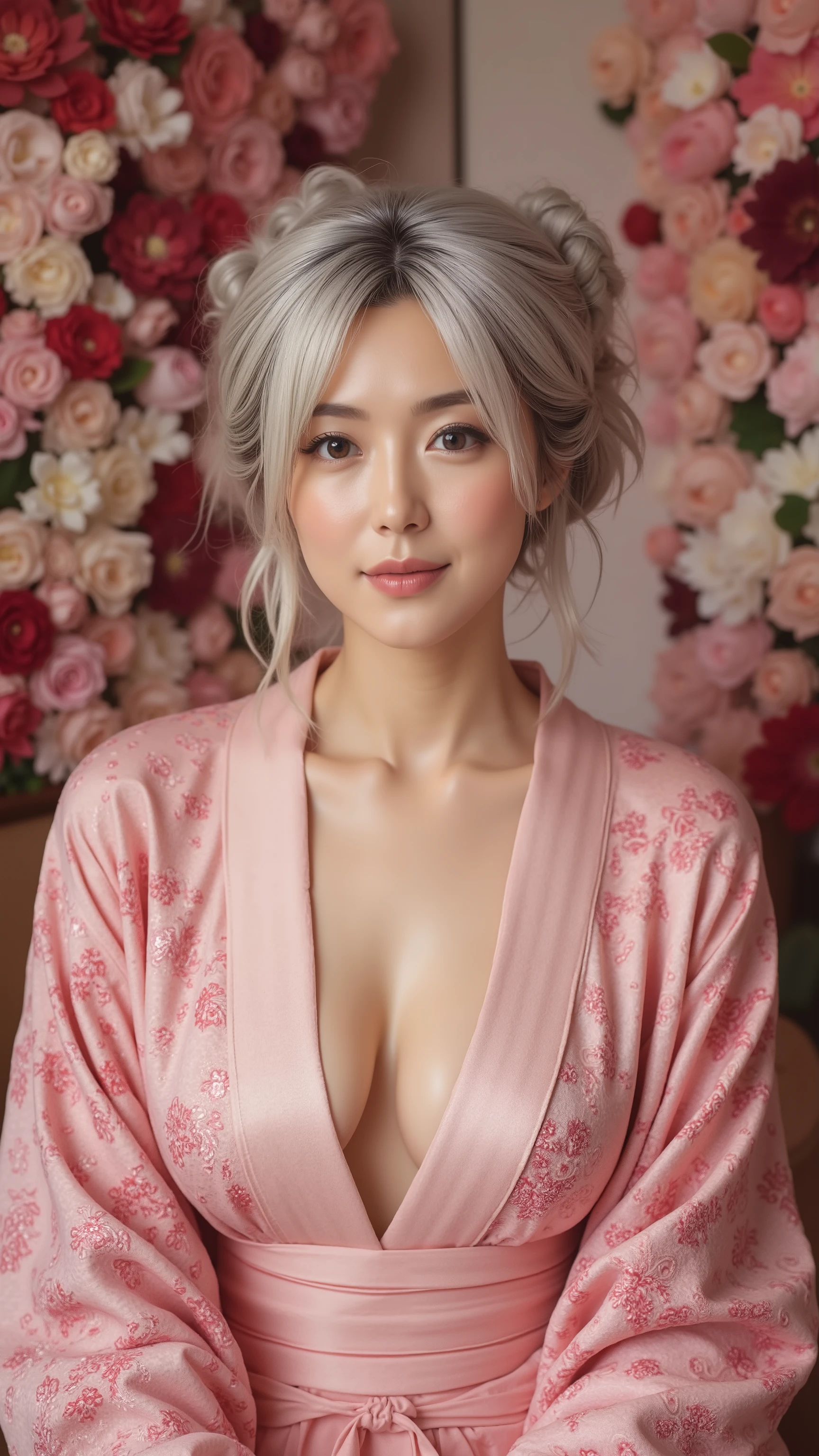 UHD, 16k, Masterpiece, top quality, Surrealism, Korean middle-aged woman, (( fair and clean skin)), ((  Short, light grey hair with slightly twisted bobble hair, kimonos decorated with pink embroidered flowers, gowns open to give a glimpse of the chest and a glimpse of the waist, walls decorated with artificial flowers of varying shades of pink, red and white in the background, )) ((seductive pose)) 