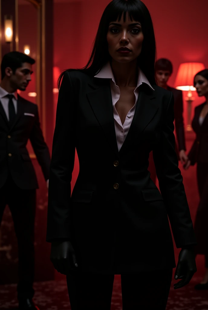 A highly realistic and detailed visual depiction of Lady Ophelia d’Aurelis walking confidently inside the Imperial Treasury, with her team of subordinates following closely behind her. Lady Ophelia is dressed in a professional yet daring outfit—a tailored, form-fitting suit with a deep neckline that highlights her authority and boldness. Her dark hair is styled elegantly, and her expression exudes power and determination as she strides through the opulent halls of the Treasury. The interior features grand architecture, with marble floors, towering columns, and rich gold accents that reflect the wealth and importance of the institution. Her subordinates, dressed in more conventional business attire, follow her with respect and attentiveness, clearly acknowledging her leadership. The atmosphere is one of power and precision, emphasizing Lady Ophelia’s control over the empire’s finances and the loyalty of her team. The art style is realistic, capturing the dynamic and commanding presence of Lady Ophelia in her domain.