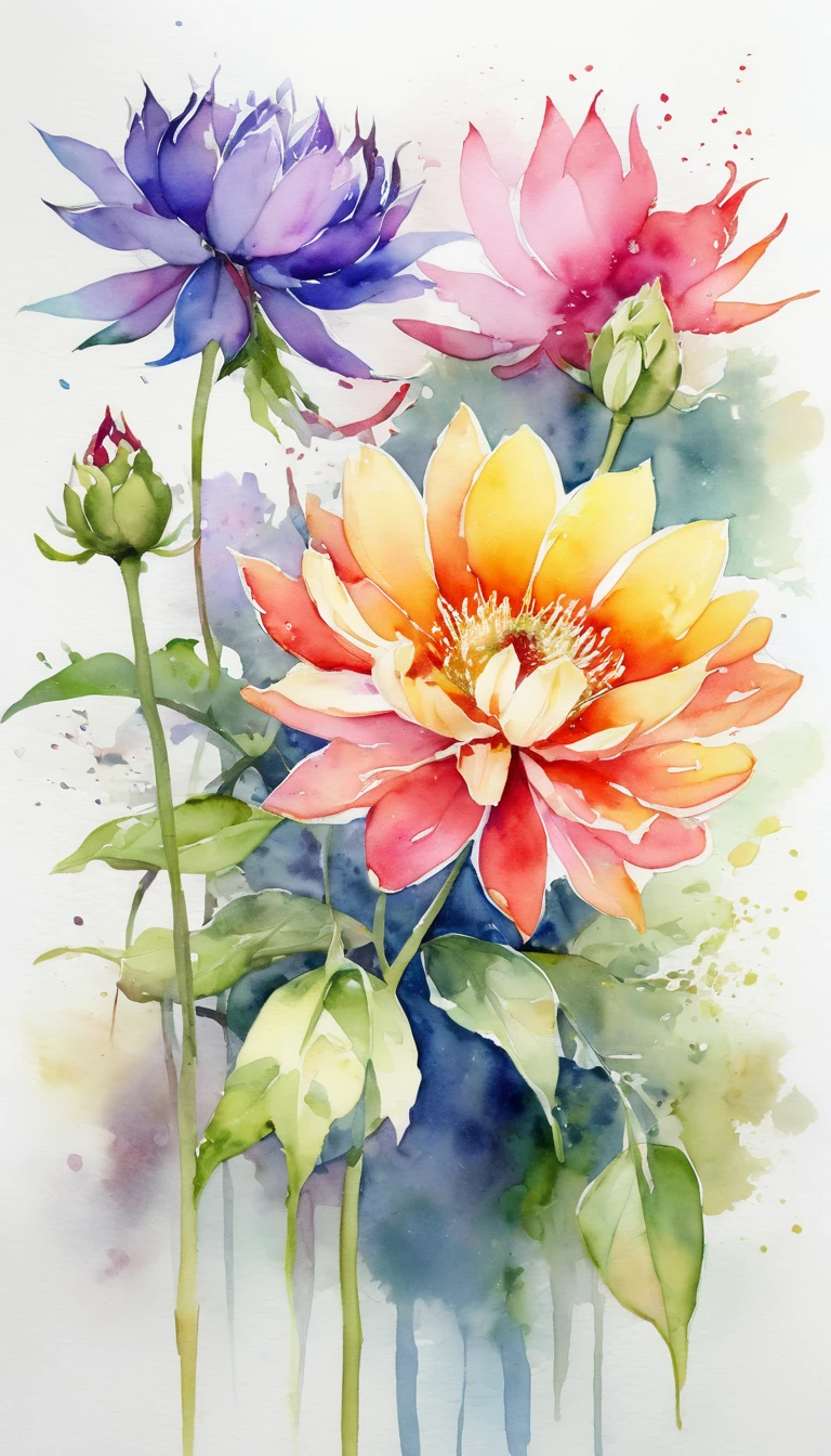 there is a watercolor painting of a flower on a white background,  watercolor digital paint ,  watercolor style raised backwards, flower, デジタル水彩, デジタル水彩 painting,  watercolor illustration,  watercolor illustration style, masterful Detailed watercolor painting,  watercolor style , Depict flowers,  watercolor style で, beautiful flower ,  Exotic , Vibrant watercolors, botanical watercolor painting , Vibrant watercolors painting, Detailed watercolor painting