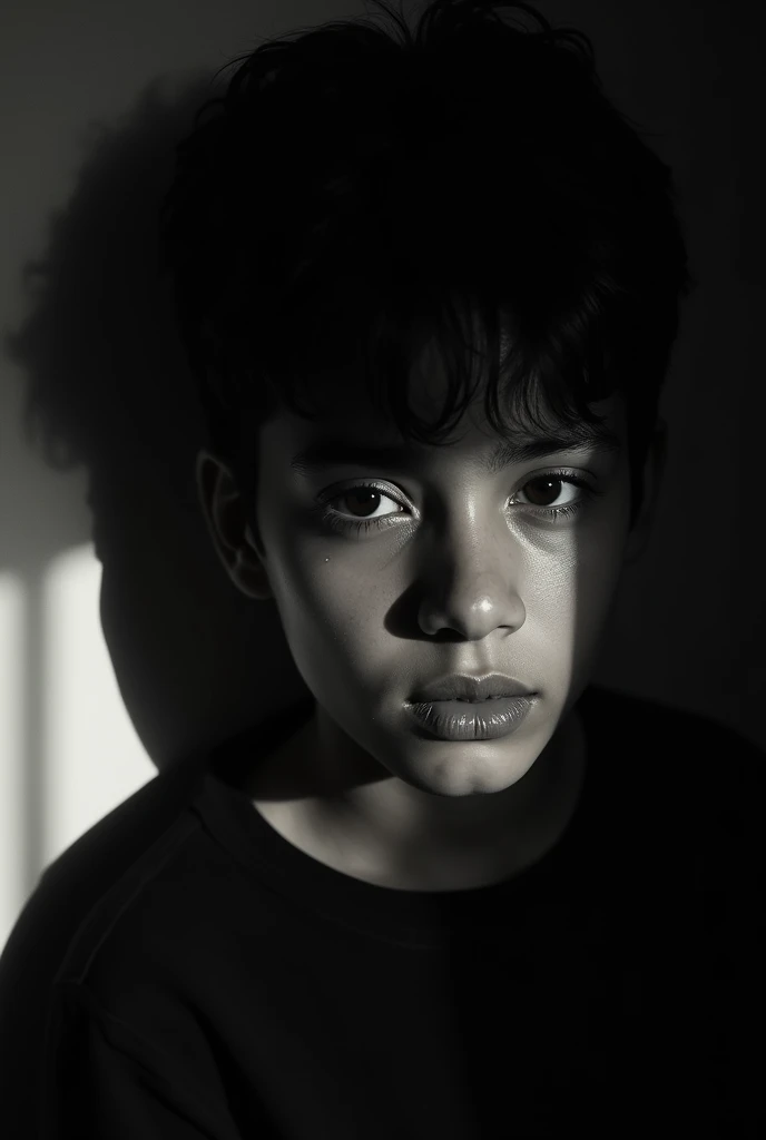 A handsome black and white pic of a boy covering his face with hand
